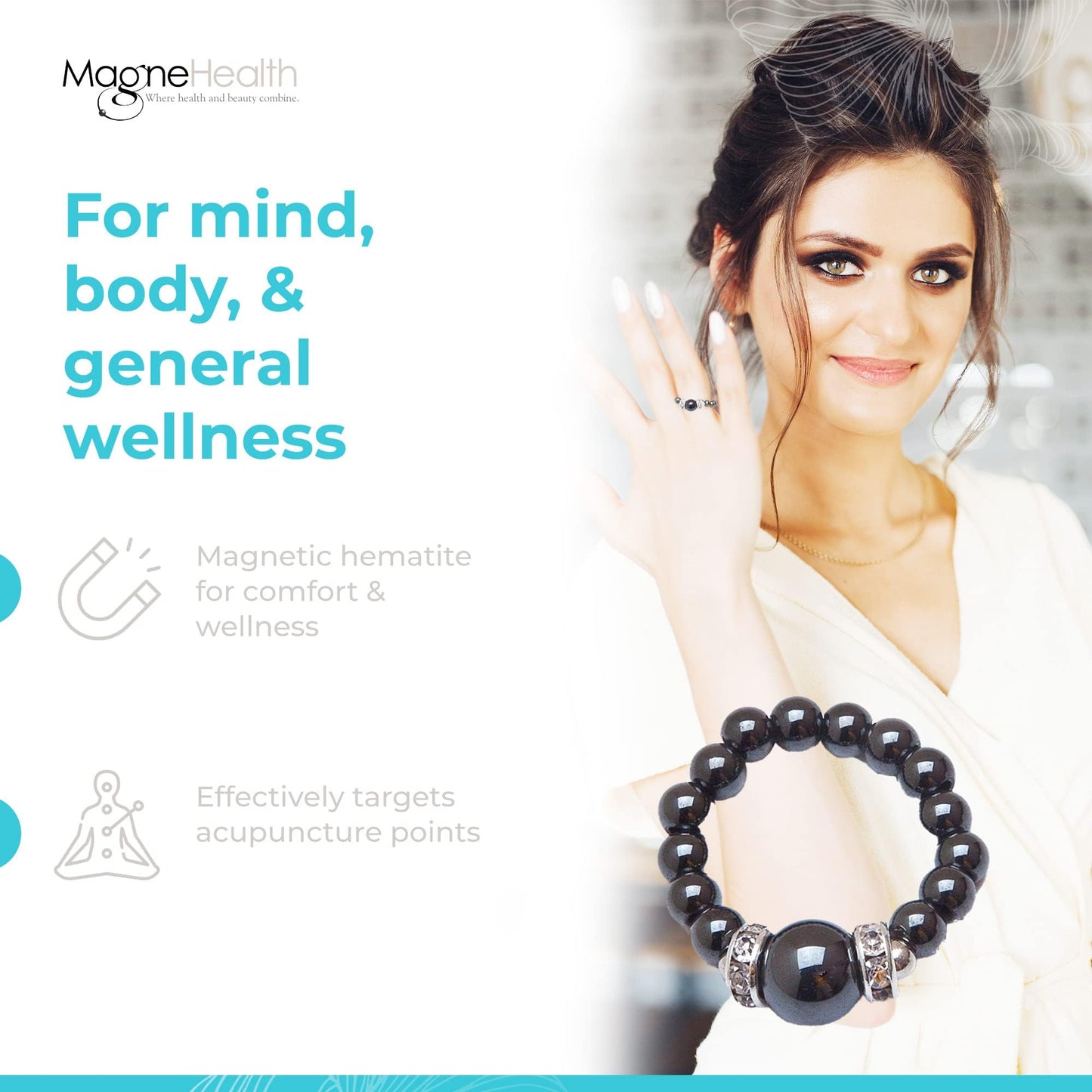 MAGNEHEALTH Black Magnetic Hematite Stretch Ring - Beaded Rings & Stretch Rings For Women, Finger Rings For Women, Aesthetic Rings & Magnet Rings For Acupressure Points - Extra Small Ring Size, 5-6