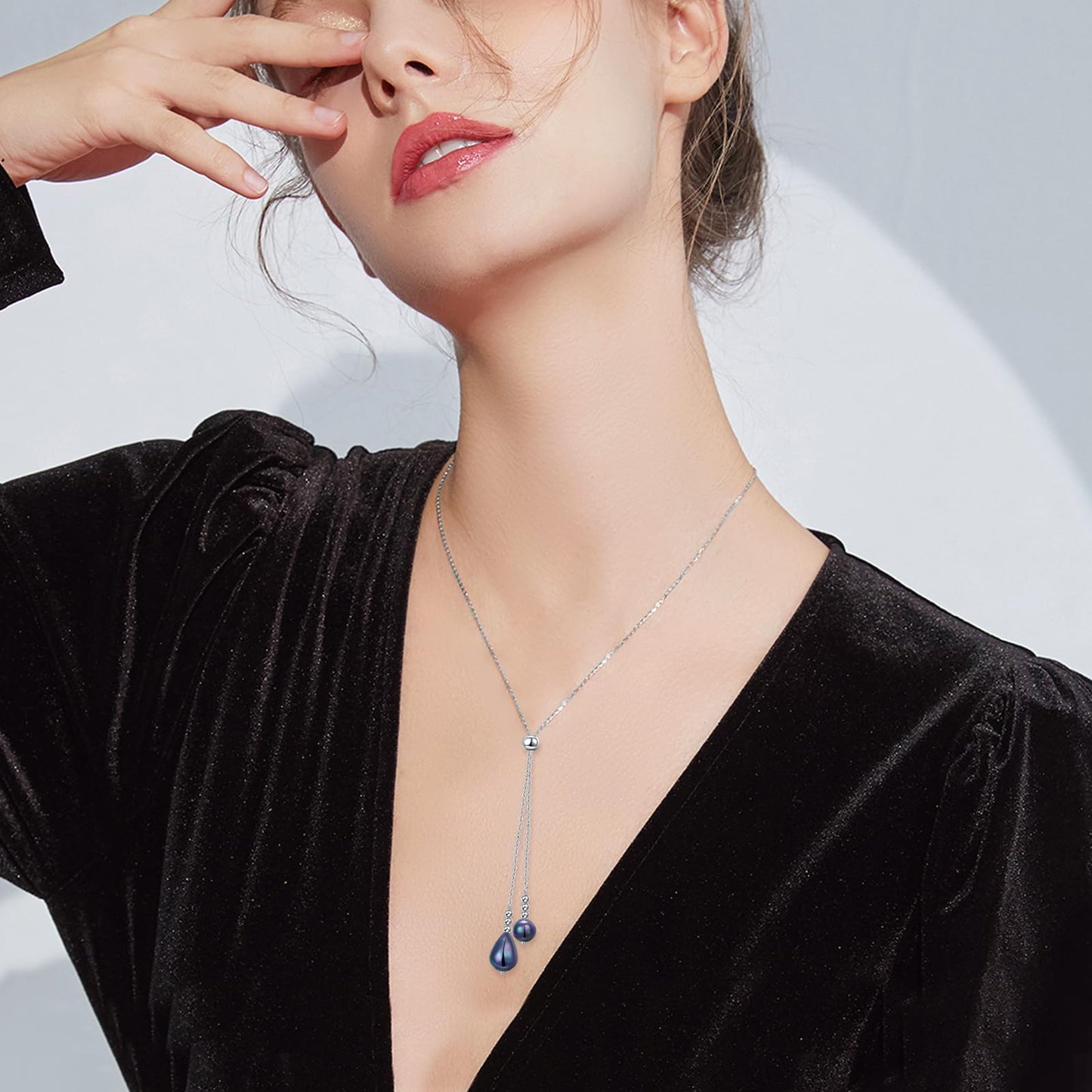 Long Black Pearl Necklaces for Women,Genuine 8-10mm Black Pearl with S925 Sterling Silver Dainty Necklace for Ladies Charm Jewelry Gifts for Mom Wife Love one