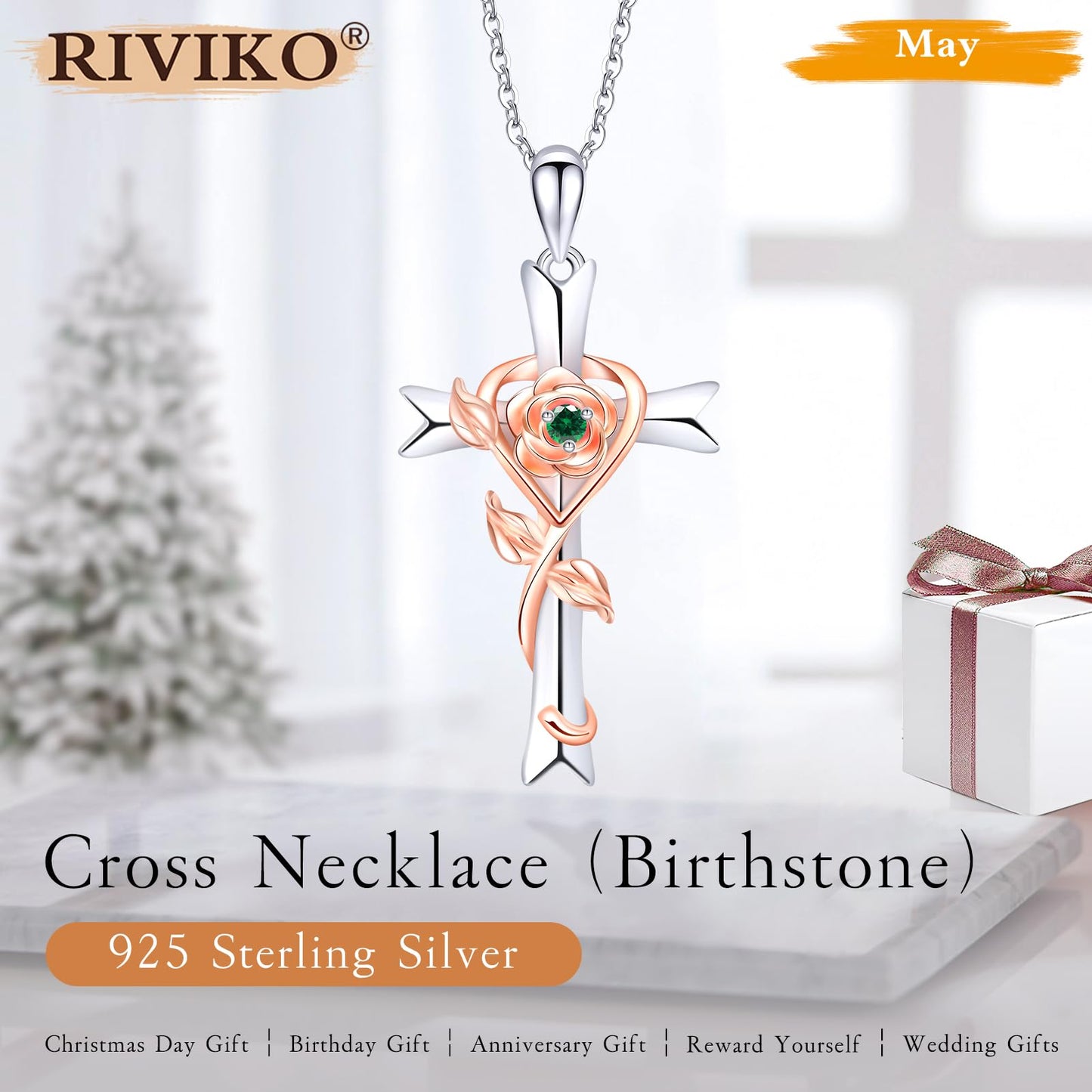 RIVIKO 925 Sterling Silver Cross May Birthstone Necklace for Women Cross Rose Pendant Necklaces Trendy Christmas Valentine's Day Jewelry Anniversary Birthday Gift for Women Her Wife Daughter