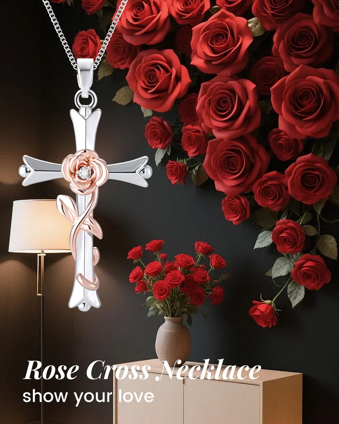 ACECHA Silver Cross Necklace for Women, Dainty Faith Cross Pendant Necklaces with Rose Jewelry for Mom Wife Daughter Sister | Gifts for Birthday Anniversary Christmas Easter(Rose-Love)