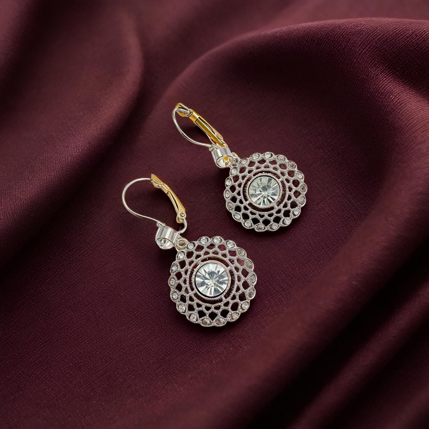 JNONL Vintage Silver Sparkly Crystal Camellia Flower Leverback Earrings Rhinestone Snowflake Round Dangle Drop Earrings for Women (Silver 3)