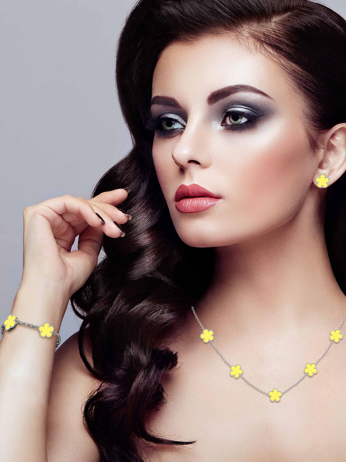 Qinpan Five Leaf Clover Necklace Bracelet and Stud Set for Women Lucky Flower Jewelry (Yellow-Stainless Steel)