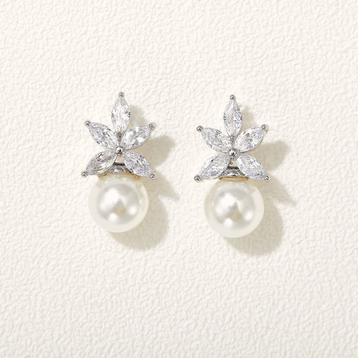 SWEETV Cluster Pearl Wedding Earrings for Birdes Bridesmaid, Crystal CZ Pearl Stud Earrings for Women Prom Formal Dress, Ivory