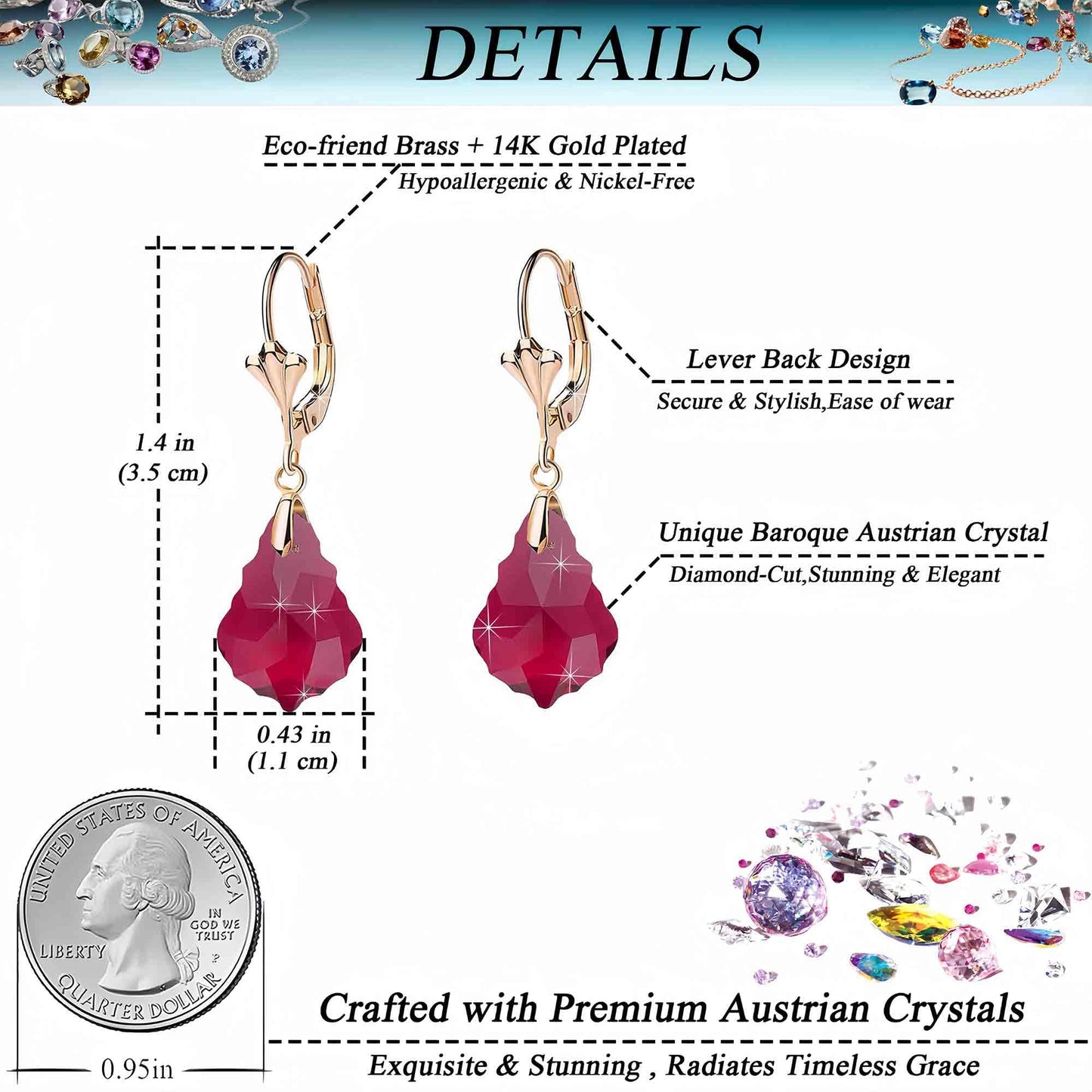 Austrian Crystal Baroque Drop Leverback Earrings for Women Fashion 14K Gold Plated Hypoallergenic Jewelry (Fuchsia)