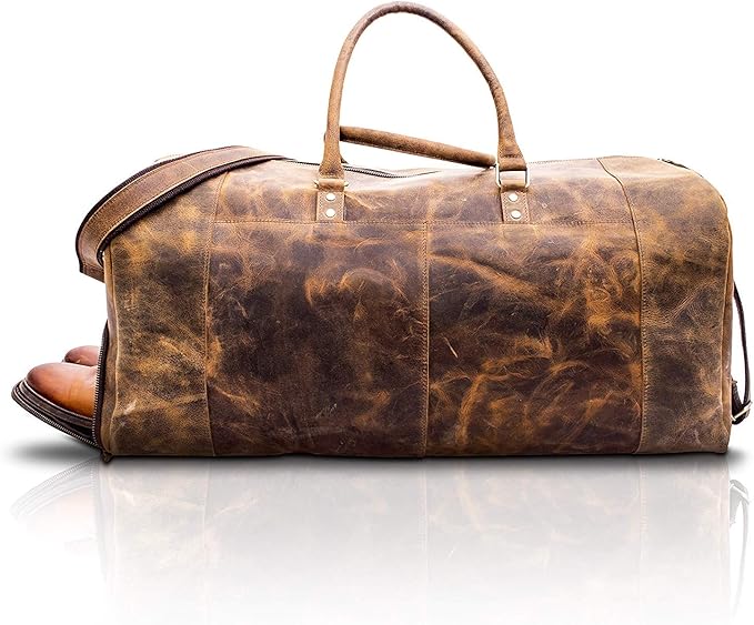 KomalC 24 Inch Leather Duffel Bags for Men and Women Full Grain Leather Travel Overnight Weekend Leather Bags Sports Gym Duffle for Men (Brown Tan with shoe pocket)
