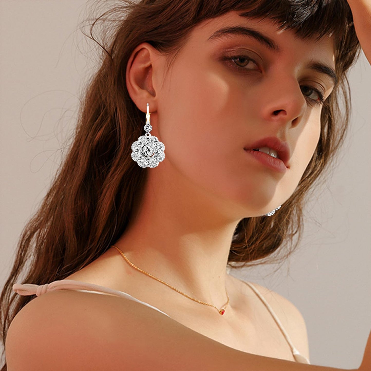 JNONL Vintage Silver Sparkly Crystal Camellia Flower Leverback Earrings Rhinestone Snowflake Round Dangle Drop Earrings for Women (Silver 4)
