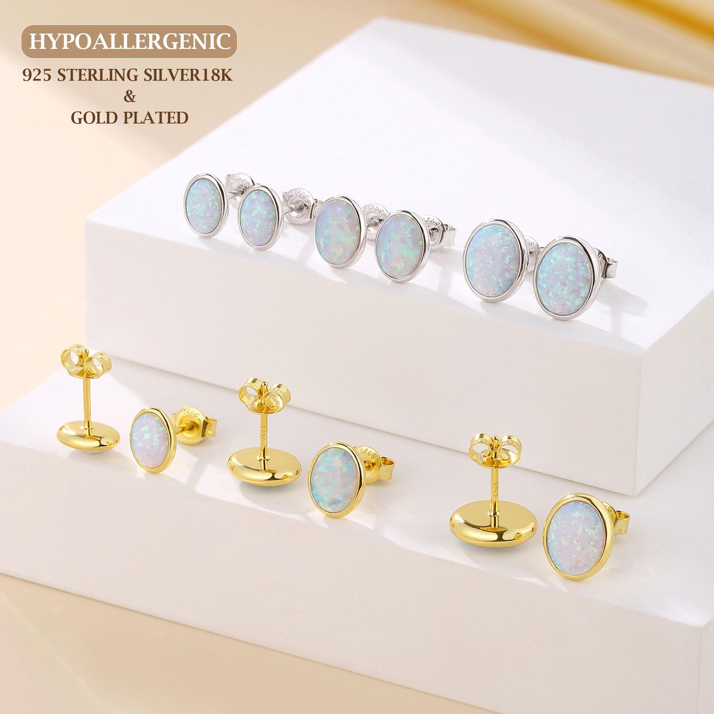JiayangJY White Fire Opal Stud Earrings for Women 18K White Gold Plated Sterling Silver Oval Shape 6mm Opal Earrings with Push Back