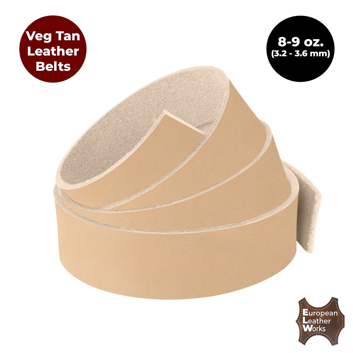 ELW Belt Blanks Strips/Straps 8/9 oz. (3.2-3.6mm) Thickness Size 2-1/2"x50" Full Grain Import Natural Cowhide Vegetable Tanned Leather for Tooling, Engraving, Embossing, Molding, & Dyeing