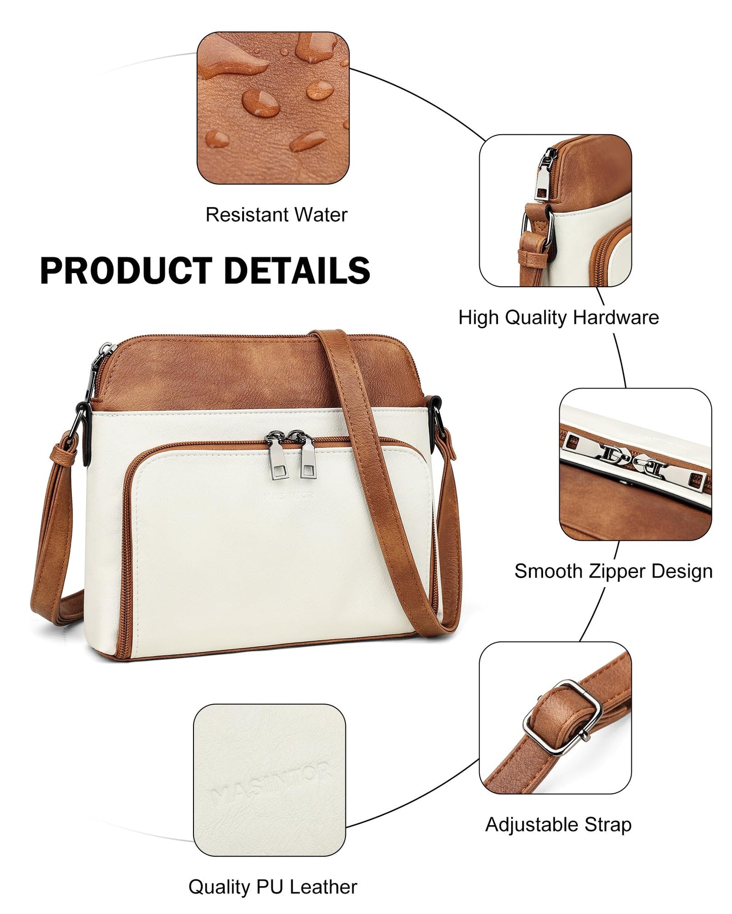 MASINTOR Crossbody Purse Bags for Women, Multi-Pocket Soft Leather Shoulder Purse, Lightweight Travel Handbag with Adjustable Strap Gypsum White with Brown
