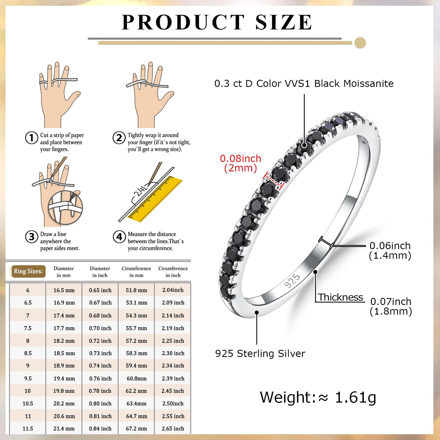 AGRULE Black Wedding Band 1.4mm Wide Sterling Silver Bezel Set Lab Diamond Anniversary Ring 0.25 Carat Dainty Half Eternity Rings for Men Women, Size 10