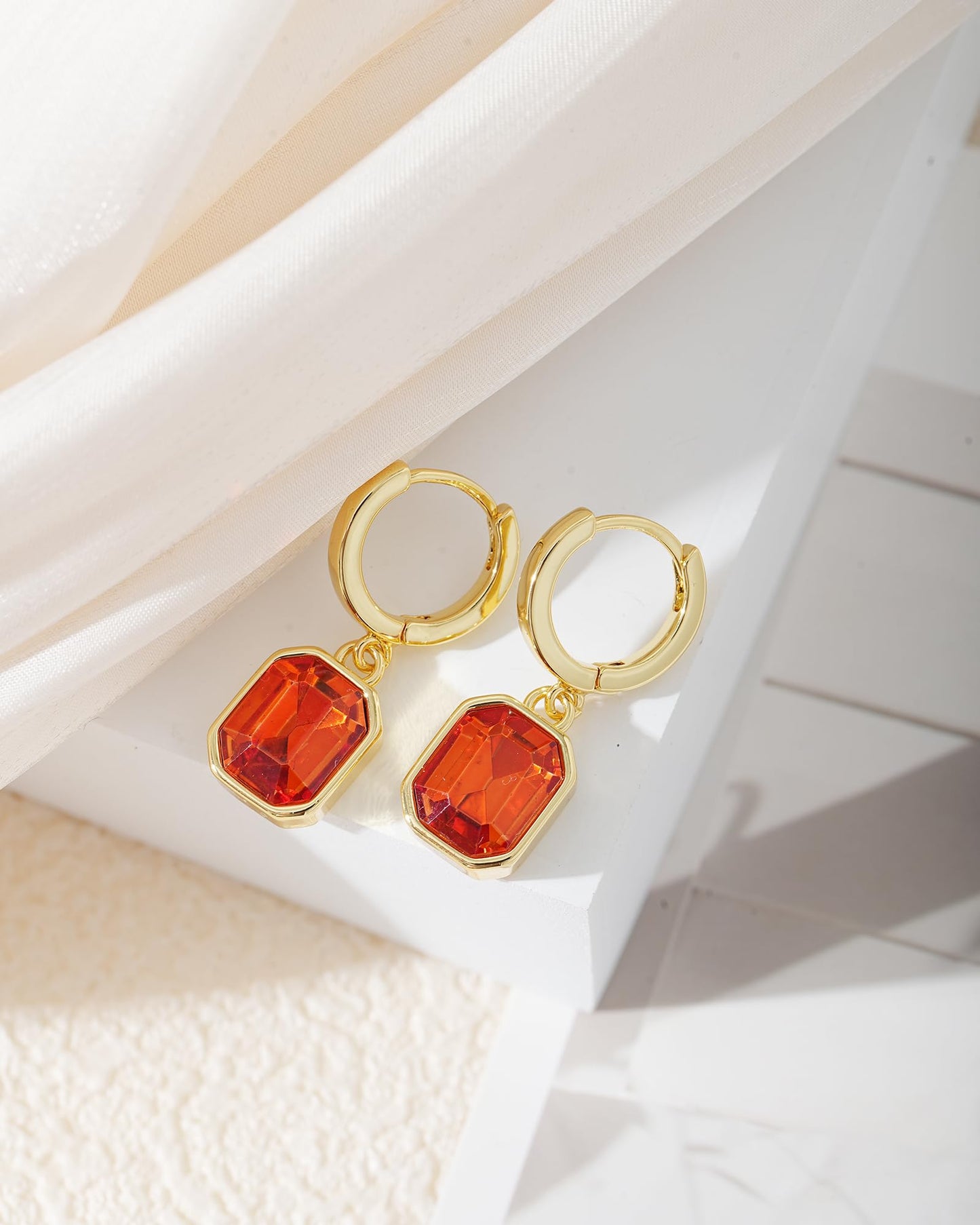Birthstone Crystal Dangle Drop Earrings, 18K Gold Plated Huggie Hoop Hypoallergenic Earring Jewelry Gifts for Women (Orange)