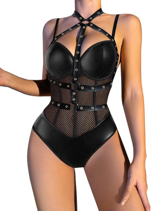 Lilosy Sexy Crisscross Choker Leather Pu Underwire Babydoll Women Harness Teddy Bodysuit Nightshirt One Piece Push Up Mesh Sheer Nightgown Hollow Rivets Fishnet Black Medium