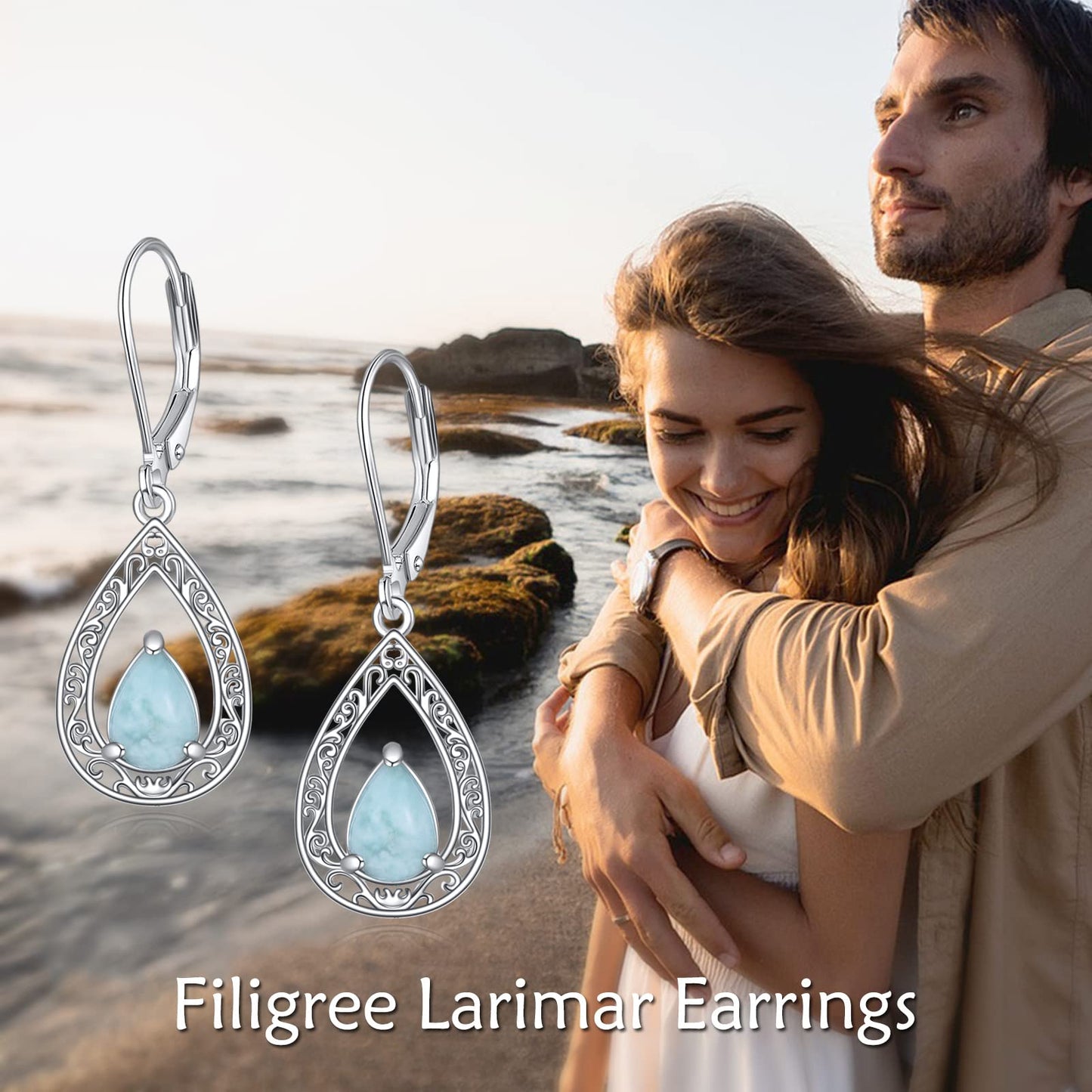 VONALA Filigree Larimar Earrings 925 Sterling Silver Larimar Leverback Earrings Teardrop Dangle Dangling Earrings Jewelry Gift for Women