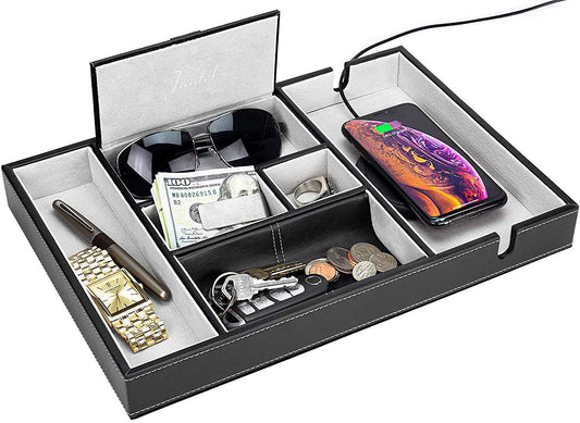 JIADEL Leather Valet Tray for Men - EDC Catch All, Dresser Organizer, Jewelry & Wallet Desk Accessory, Bedside Entryway Key Catchall