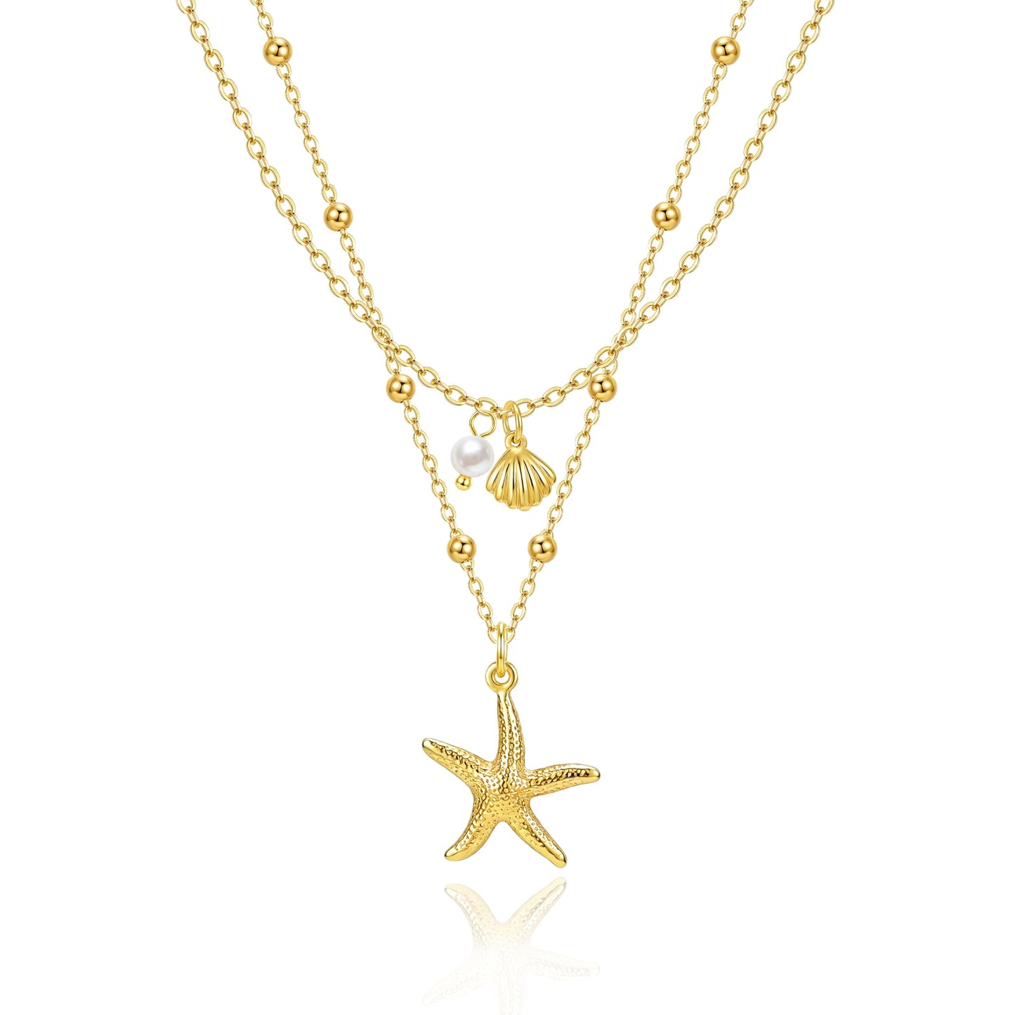 Zeffy Seashell Layered Charm Necklace for Women Dainty 14k Gold Plated Starfish Shell Pearl Pendant Waterproof Necklace Stack Choker Chain Jewelry for Summer Beach Vacation