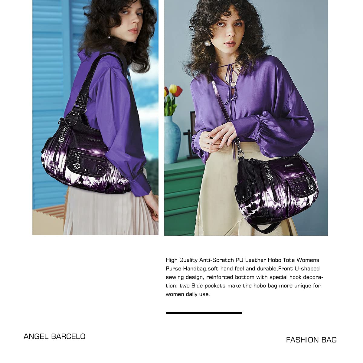 Angel Barcelo Women Purses and Handbags PU Leather Shoulder Bag Fashion Hobo Bags for Women (Fashion Purple)