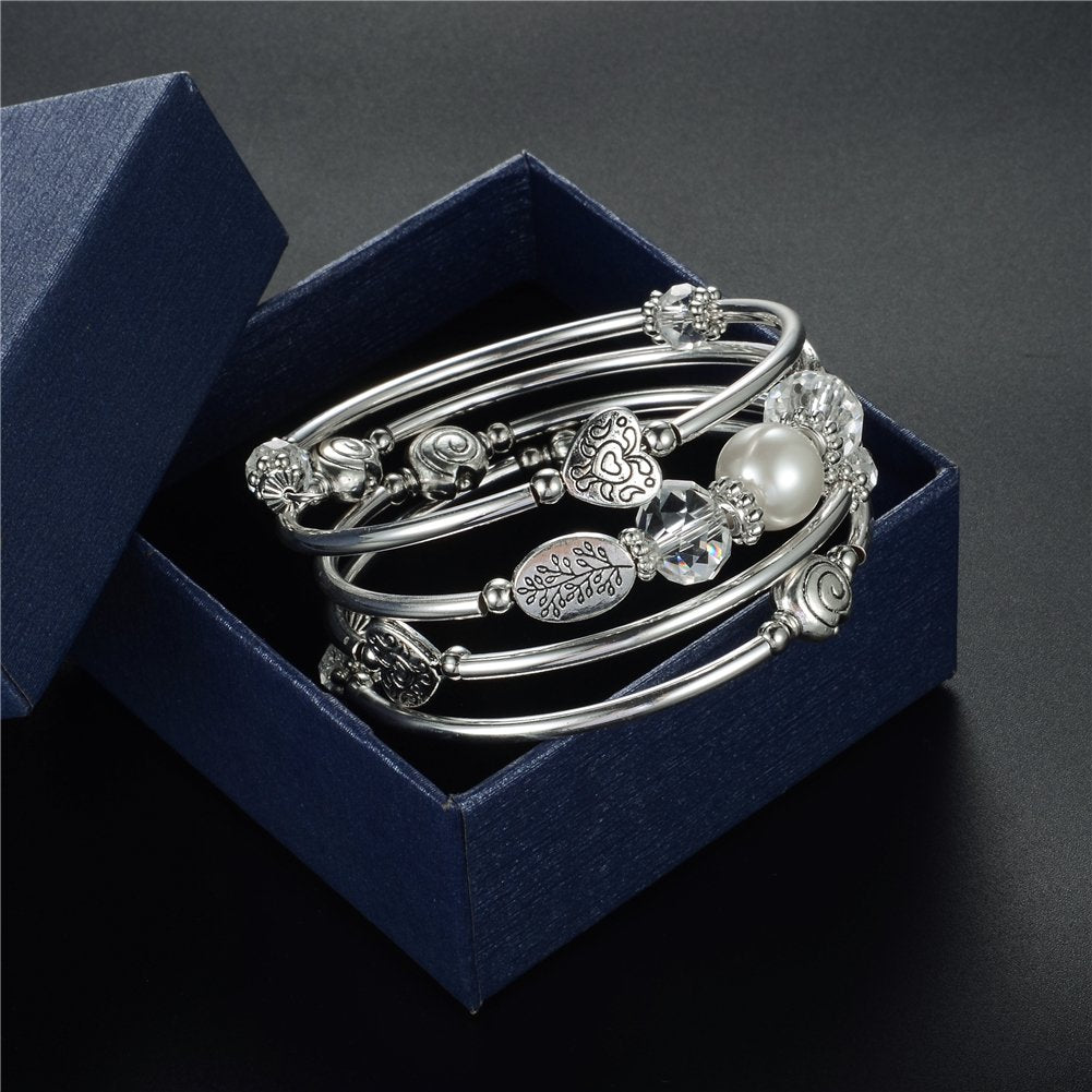 PEARL&CLUB Bead Crystal Wrap Bangle Bracelet - Fashion Jewelry Beaded Bracelet with Silver Metal, Gifts for Women(92-White)