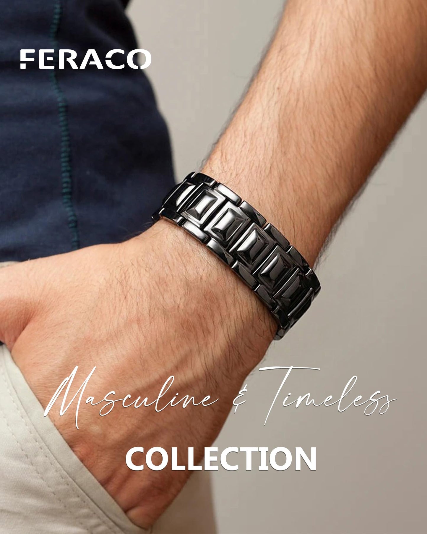 Feraco Copper Bracelet for Men 3X Strength,Magnetic Therapy Bracelet Copper Jewelry with Powerful 3800 Gauss Magnets,Cooper Bracelet for Man Black