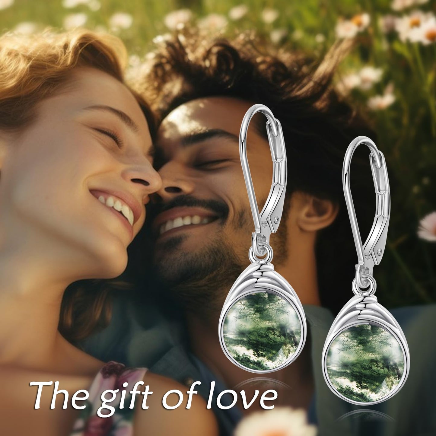 POPLYKE Moss Agate Earrings for Women Sterling Silver Round Moss Agate Leverback Earrings Dangle Earrings Jewelry