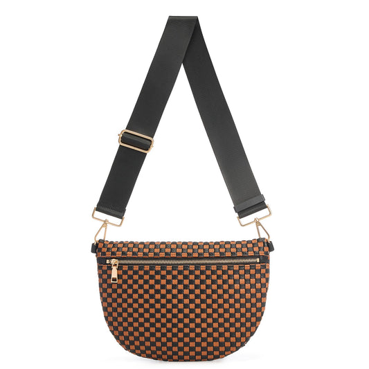 Woven Crossbody Bags For Women, Checkered Fashion PU Bum Bag Waist Pack, Travel Sling Purse with Adjustable Strap（Black and Brown)