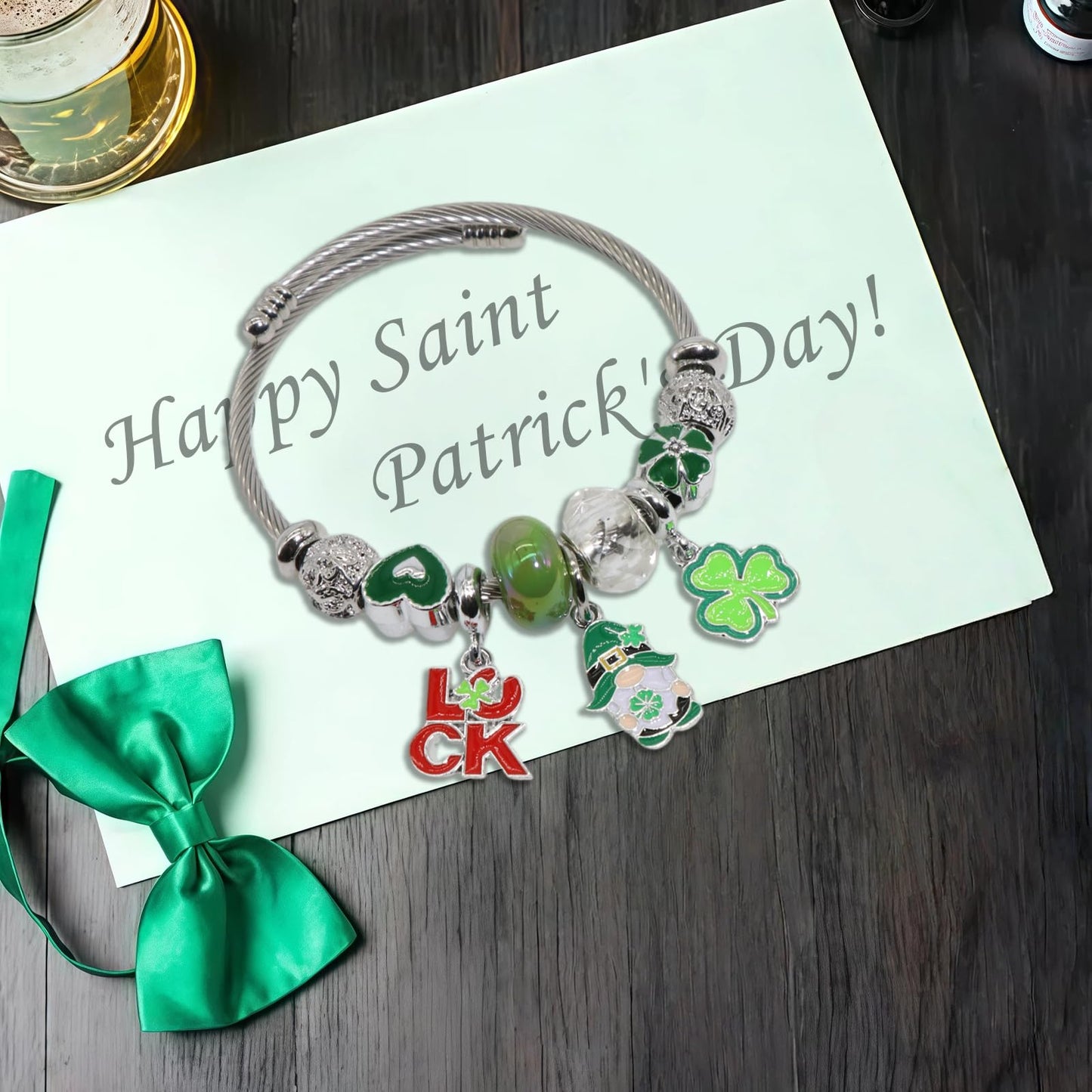 IUULOB St. Patrick’s Day Silver Women Bracelets - Adjustable Charm Bracelets for Women Birthday Gifts Favors Titanium Steel Bracelet Bundle Jewelry Kit, Party Favors