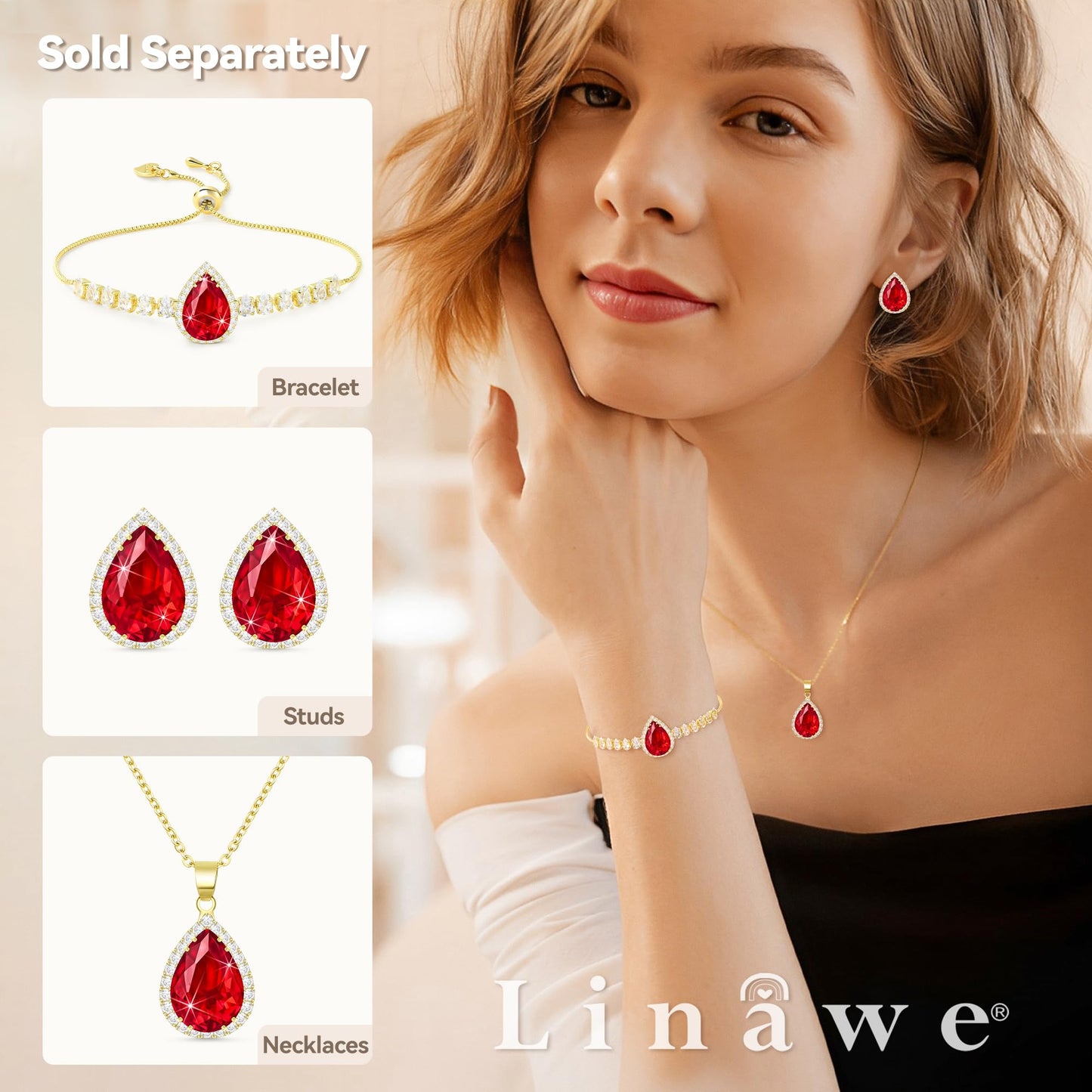 Linawe Red Stud Earrings for Women, Gold Imitation Diamond Earrings Studs, Ruby Cubic Zirconia Teardrop Rhinestone Crystal Wedding Earrings for Bridal Bridesmaid, Ear Piercing Jewelry