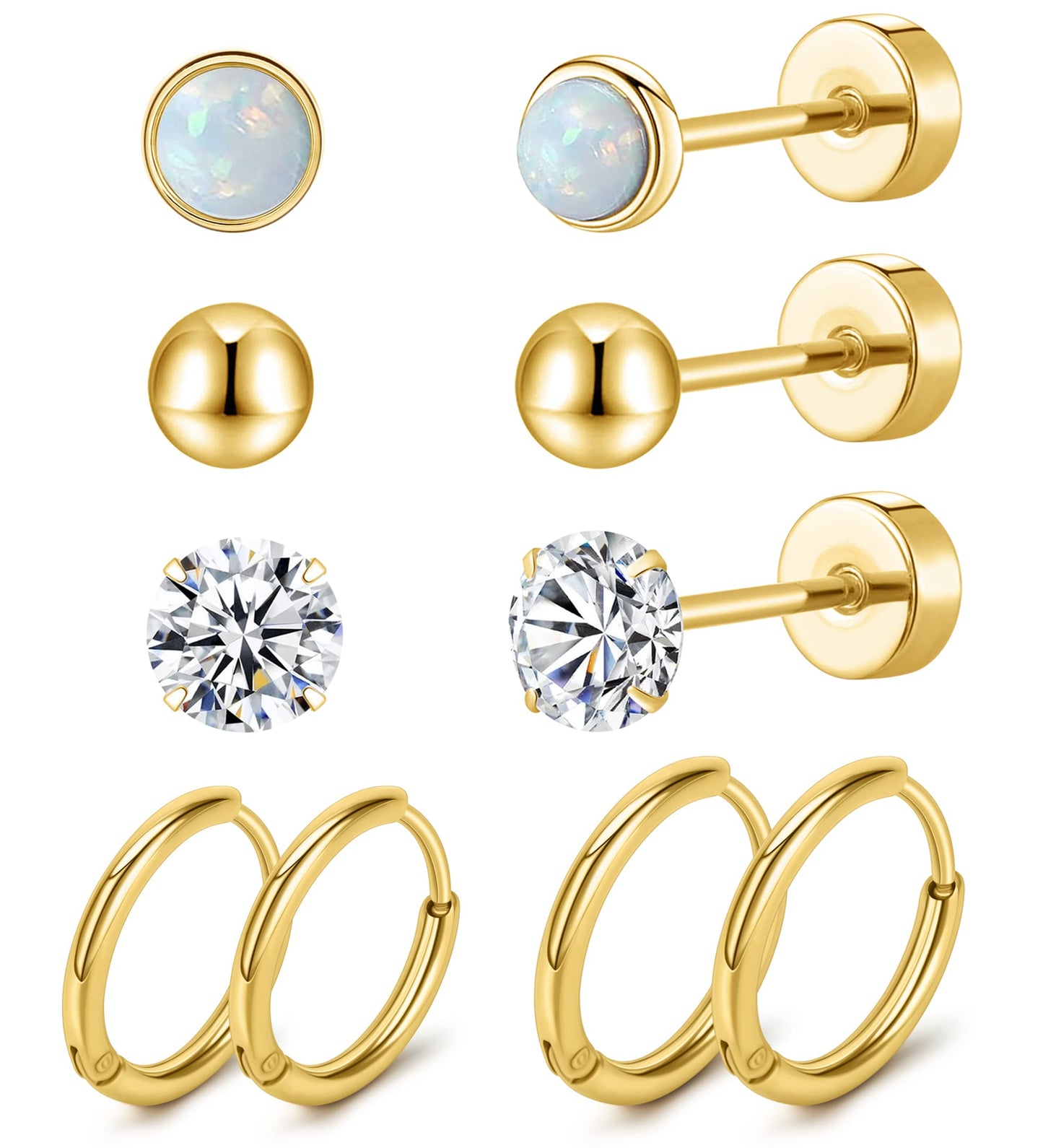 MJust Titanium Earrings for Sensitive Ears 20G Hypoallergenic Stud Hoop Earrings for Women Men Opal Ball CZ Heart Pearl Flat Back Earrings Cartilage Earrings Set