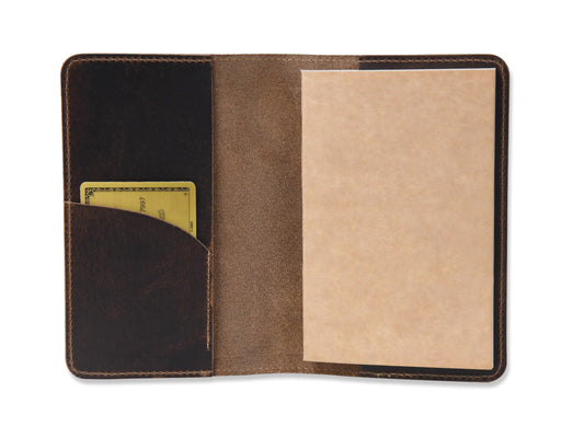 Rustique Leather Field Notes Cover Collection - Refillable Travel Journal & Notebook Organizer with Card Slots - Handmade Full Grain Leather (Curved Pocket Set - Smoky Bourbon)
