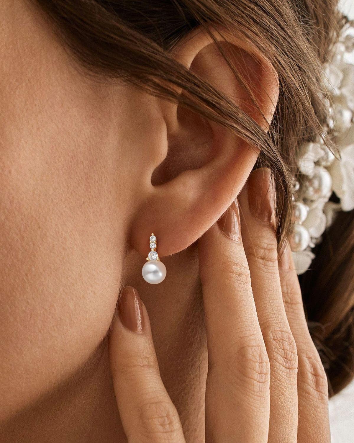 PRTGL Pearl Earrings - 14K Gold Plated Pearl Cubic Zirconia Drop Wedding Earrings for Bridal Bridesmaid Women