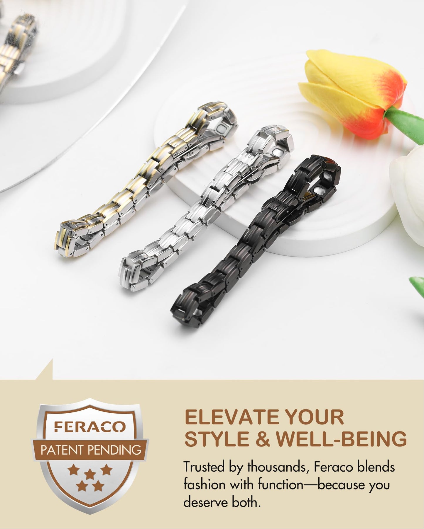 Feraco 5X Strength Magnetic Bracelets for Women, Stainless Steel Magnet Bracelet with Ultra Powerful 5000 Gauss Magnets, Upgraded Butterfly Clasp, Adjustable Jewelry Gift (Silver & Gold)