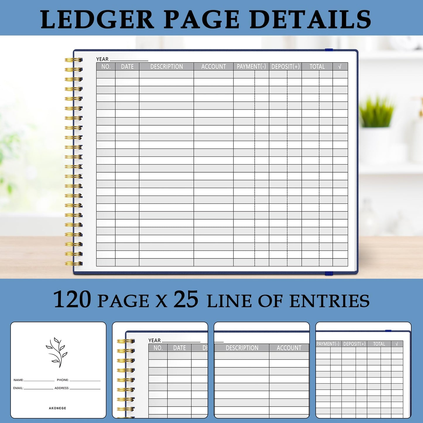 Plastic Cover Accounting Ledger Book Bunded with PU Leather Cover Accounting Ledger Book, Dark Blue & Black