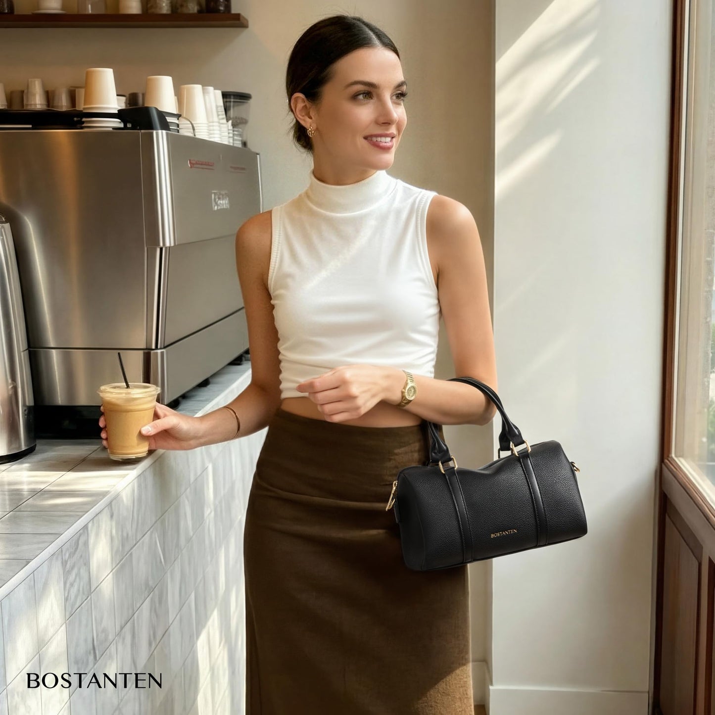 BOSTANTEN Crossbody Purse for Women Vegan Leather Satchel Bag Top Handle Shoulder Handbag for Daily, Travel, Black