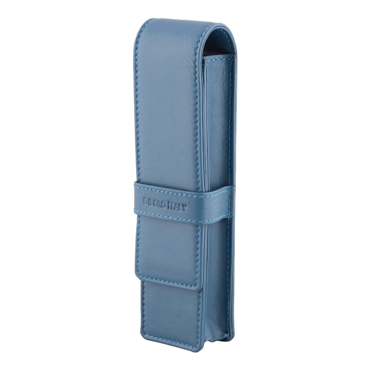 DiLoro Leather Pen Case Pouch Holder for Two Fountain Ballpoint Rollerball Pens or Pencils (Sololio Blue)