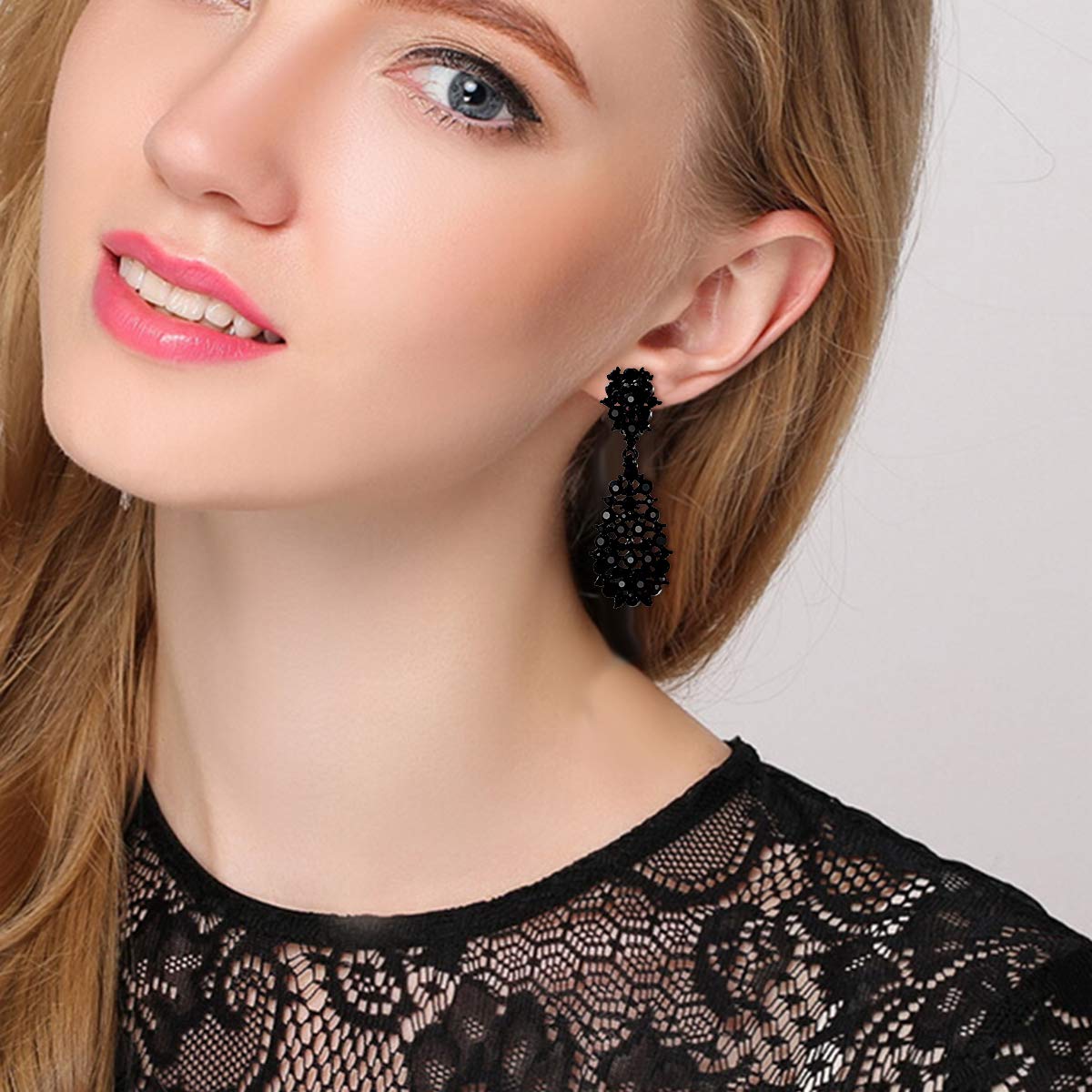 EVER FAITH Women's Costume Jewelry Black Crystal Art Deco Hollow Waterdrop Dangle Clip-on Earrings Black-Tone