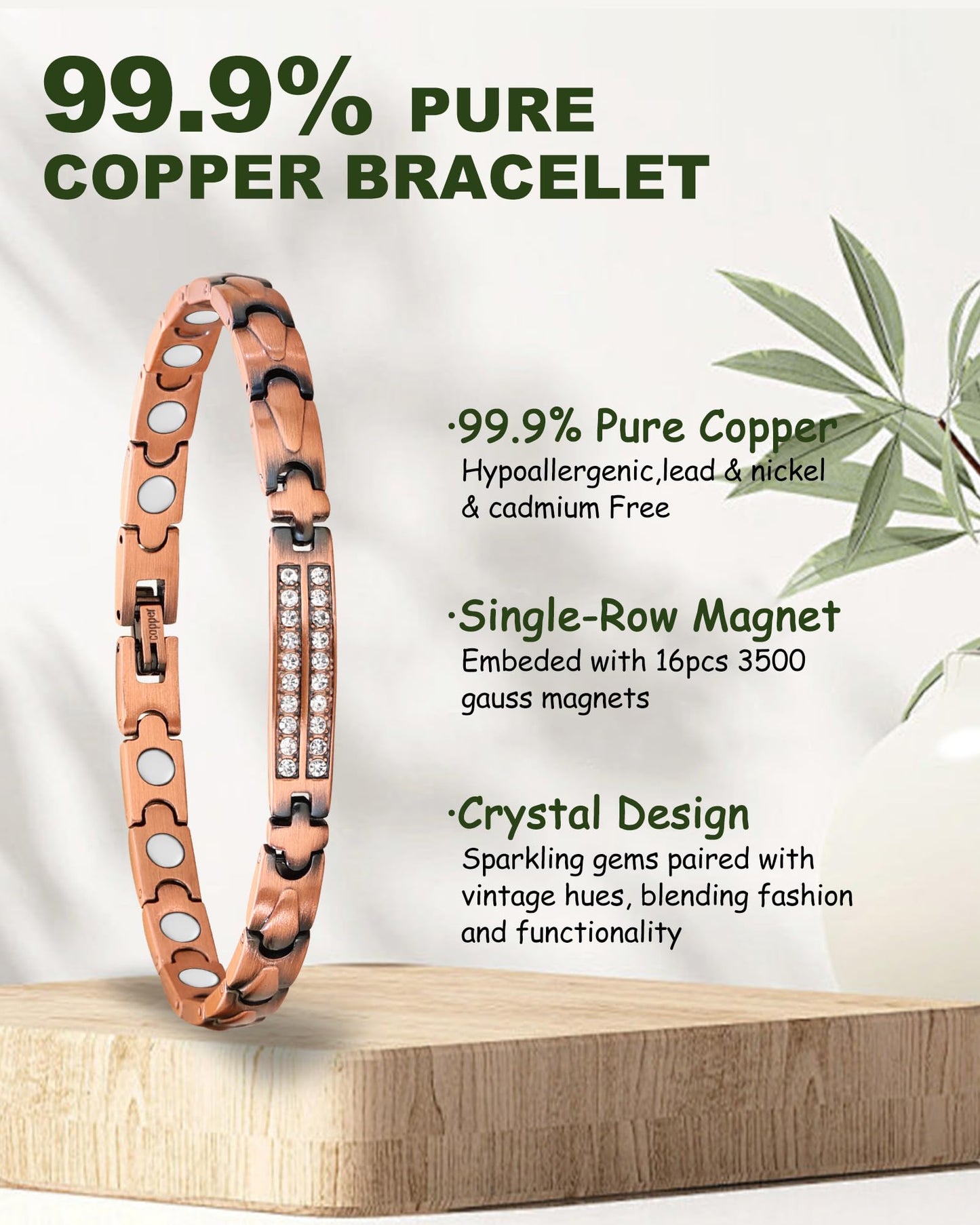 MagEnergy Copper Bracelet for Women, 99.9% Pure Copper Magnetic Bracelet, Adjustable Bracelet Jewelry Gifts (Crystal Style)