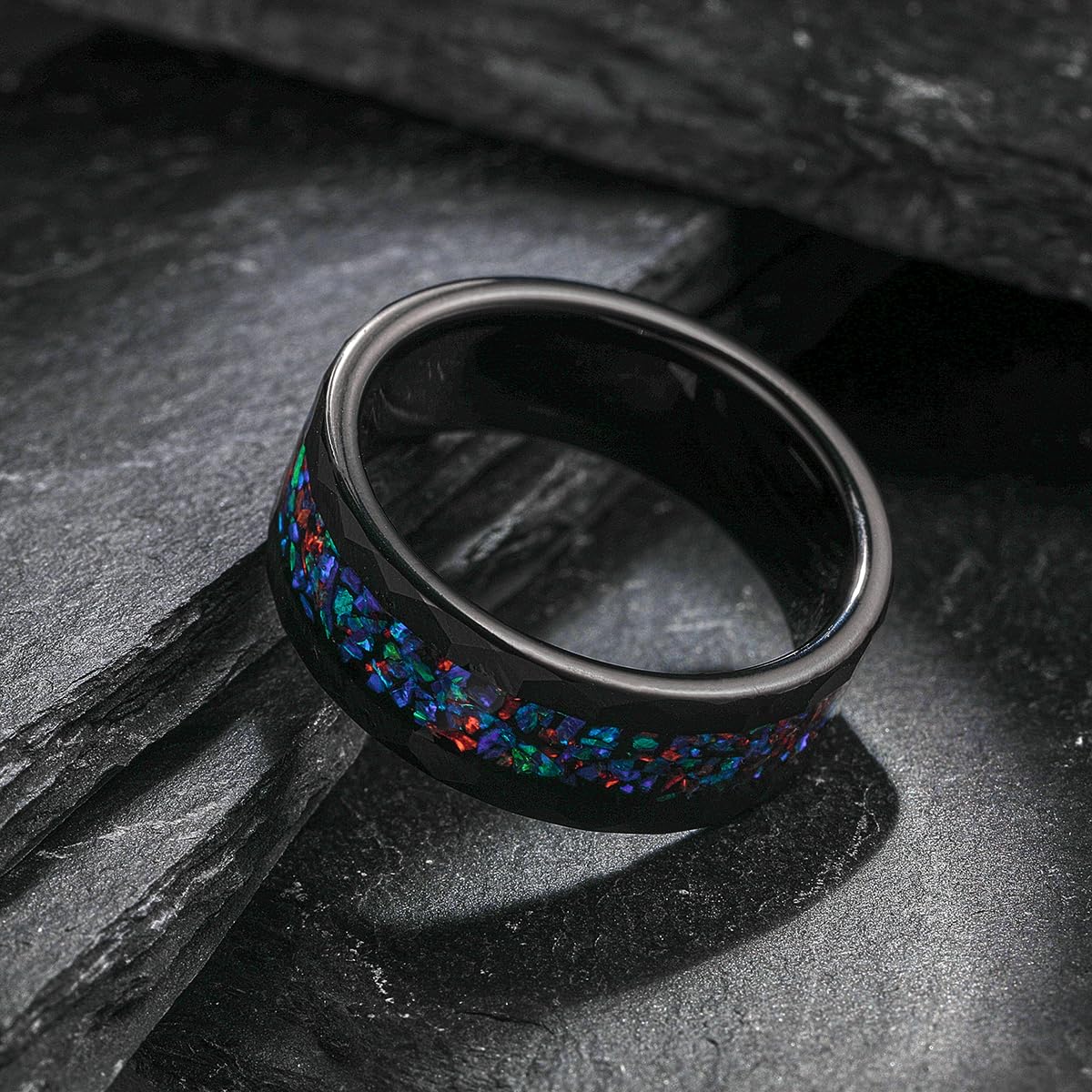 NUNCAD Black Tungsten Rings for Men Women Wedding Ring Band with Galaxy Opal Inlaid 8mm Comfort Fit Hammered Design Sizes 7