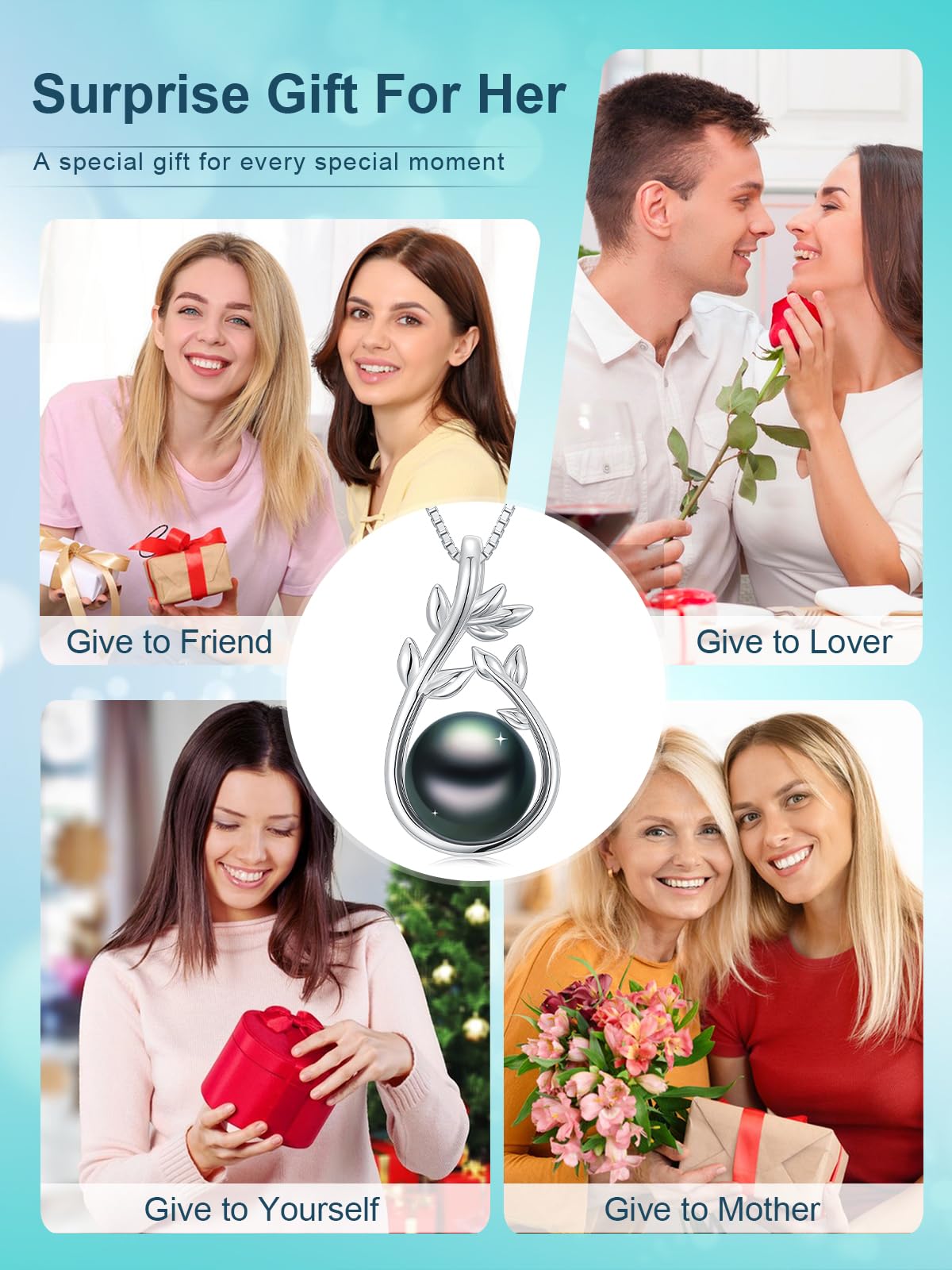 KANNSOAR Black Pearl Necklace for Women Tahitian Pearl Necklace Gifts for Mother Wife 925 Sterling Silver Natural Black Pearl Jewelry Gift