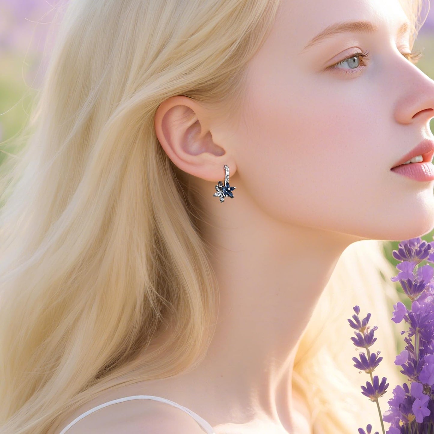Watforsh 925 Sterling Silver Flower Earrings for Women Dangling Leverback Earrings with Sapphire and White Crystal Double Floral