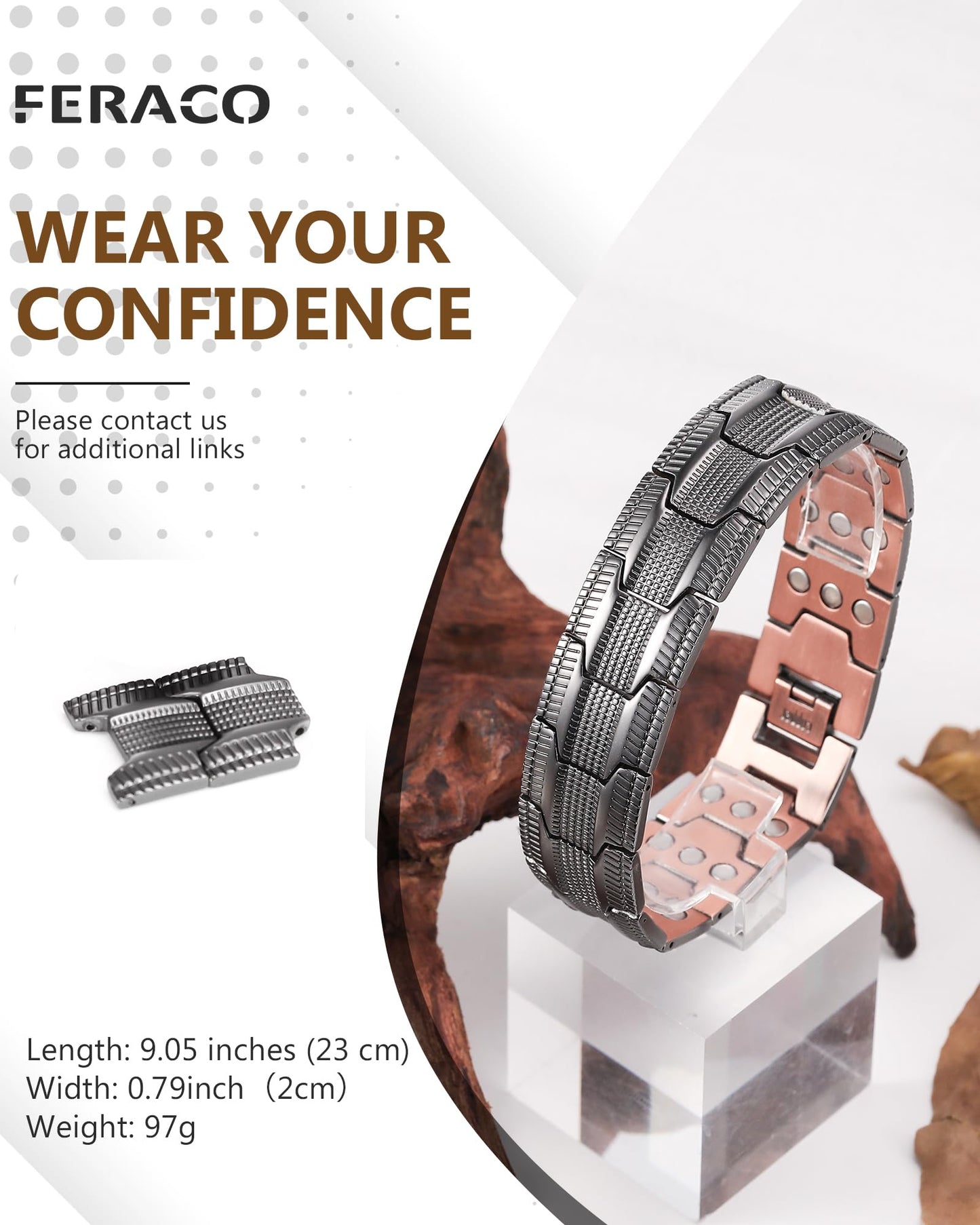 Feraco 3X Strength Copper Bracelets for Men Magnetic Bracelet with 3 Row Neodymium Magnets Adjustable Length, Pure Cooper Jewelry Gifts for Men (Gray, Tyre Graphics)