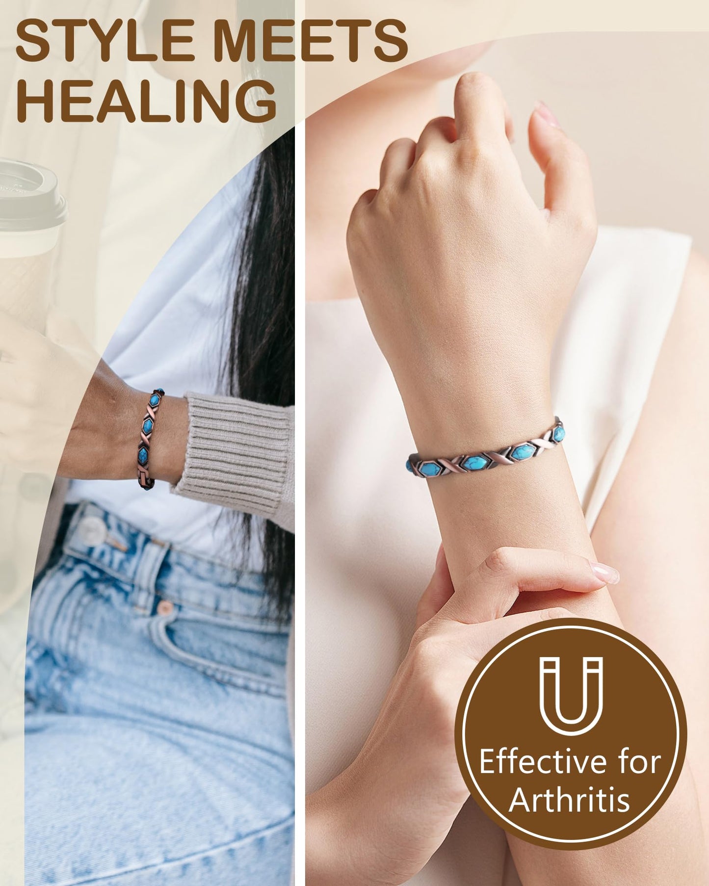Feraco Pure Copper Bracelets for Women, Ultra Strength Magnetic Bracelet with 3800 Gauss Magnets & Natural Turquoise & Stones, Adjustable, Jewelry Gift (Ocean Whisper)