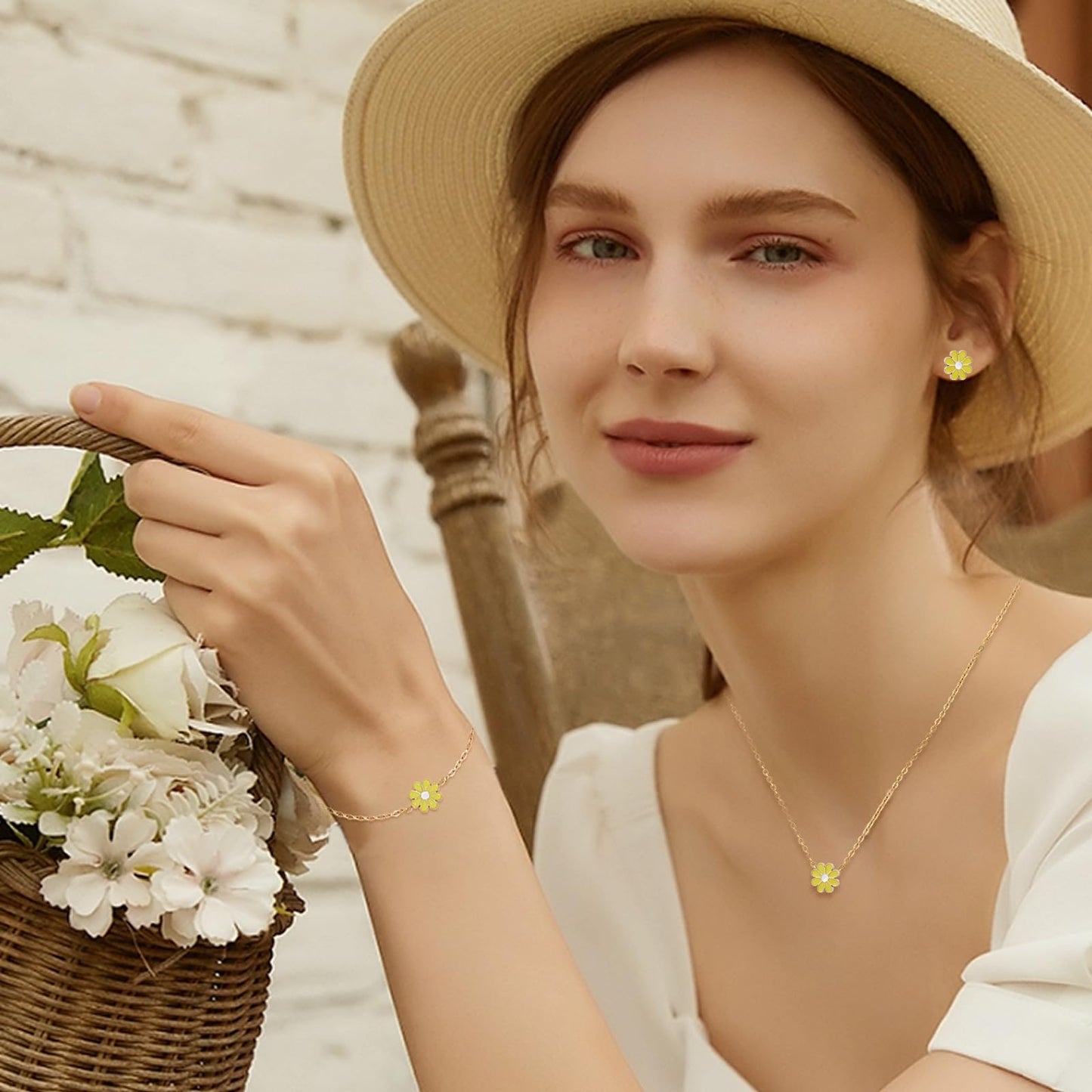 TaYolnFaSo Mini Yellow Flower Jewelry Set for Female Dainty Cute Enamel Small Floral Necklace Earrings Bracelet Set Birthday Gift for Her