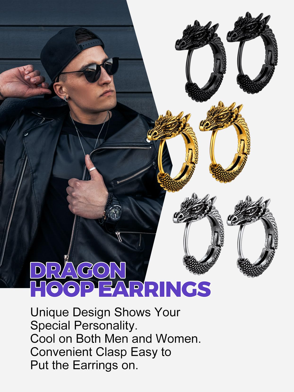 Richsteel Punk Dragon Hoop Earrings for Men & Women - Stainless Steel Gothic Jewelry, Huggie Statement Hoop Earrings