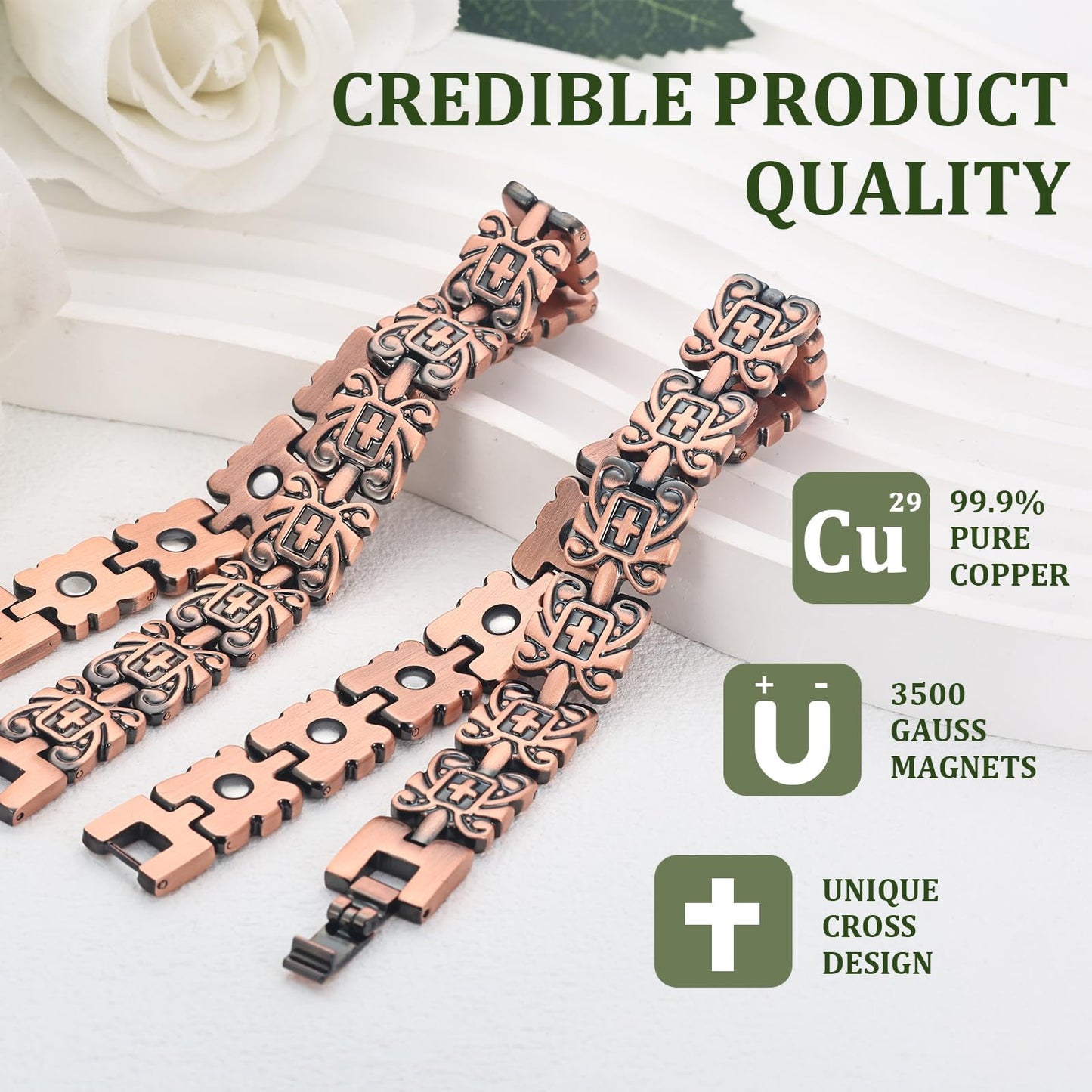 MagEnergy Copper Magnetic Bracelet for Women, Christian 99.9% Copper Bracelet For Women With Ultra Strength Magnets, Adjustable Biblical Cross, Gift