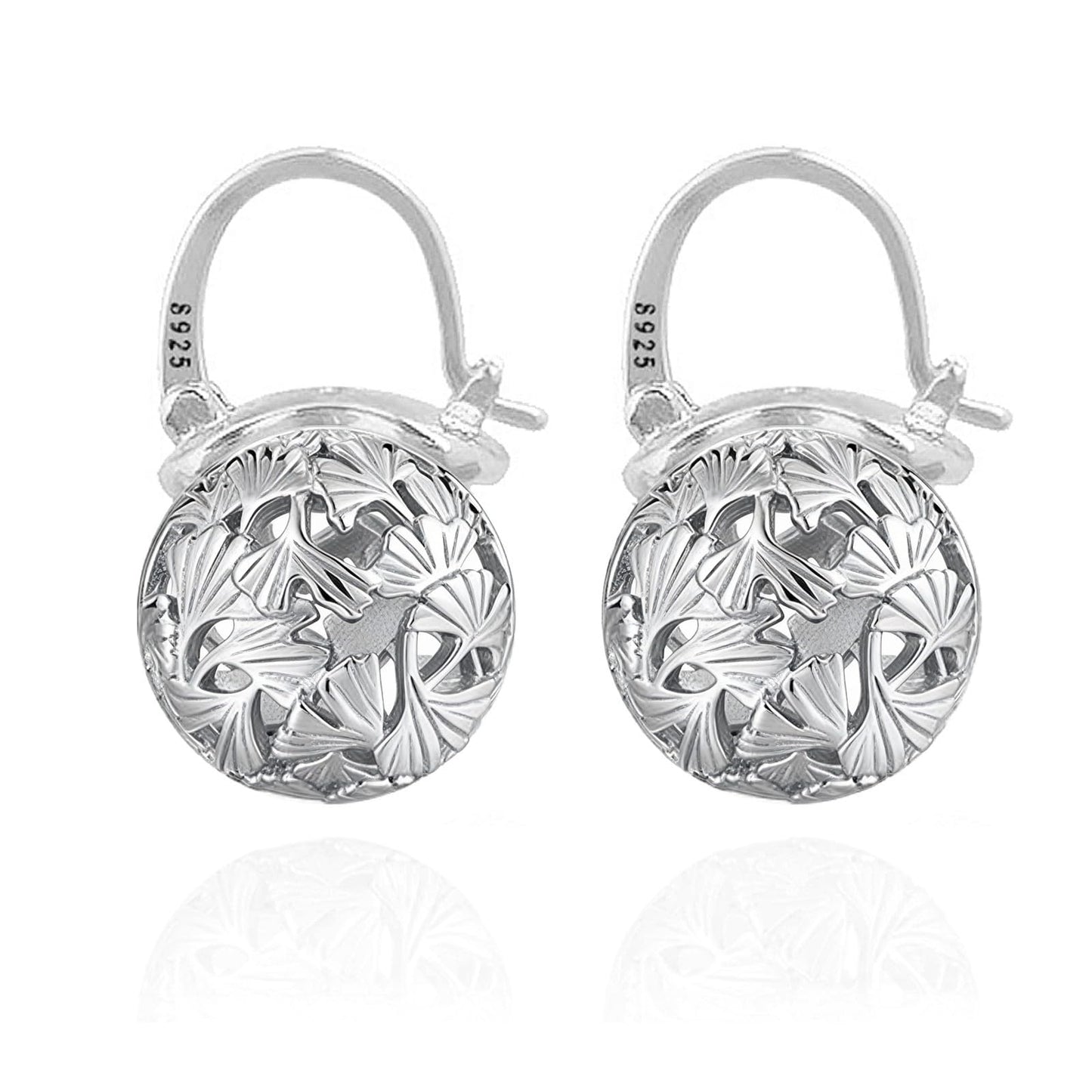 OwMell Elegant 925 Sterling Silver Pearl Drop Earrings Dangle Stud Silver Plated Earrings for Women Large Size 12mm - Hollowed Ginkgo Silver
