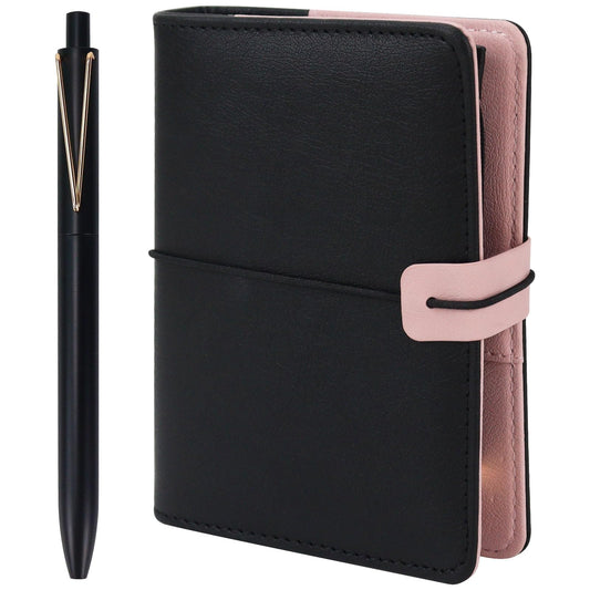 MultiBey A7 Refillable Notebook Planner Cover 6 Ring, Mini a7 Binder Wallet Budget Binder Notebook Folders PU Leather Organizer with Zipper Pockage and Pen, Aesthetic Black Loose Leaf Binder