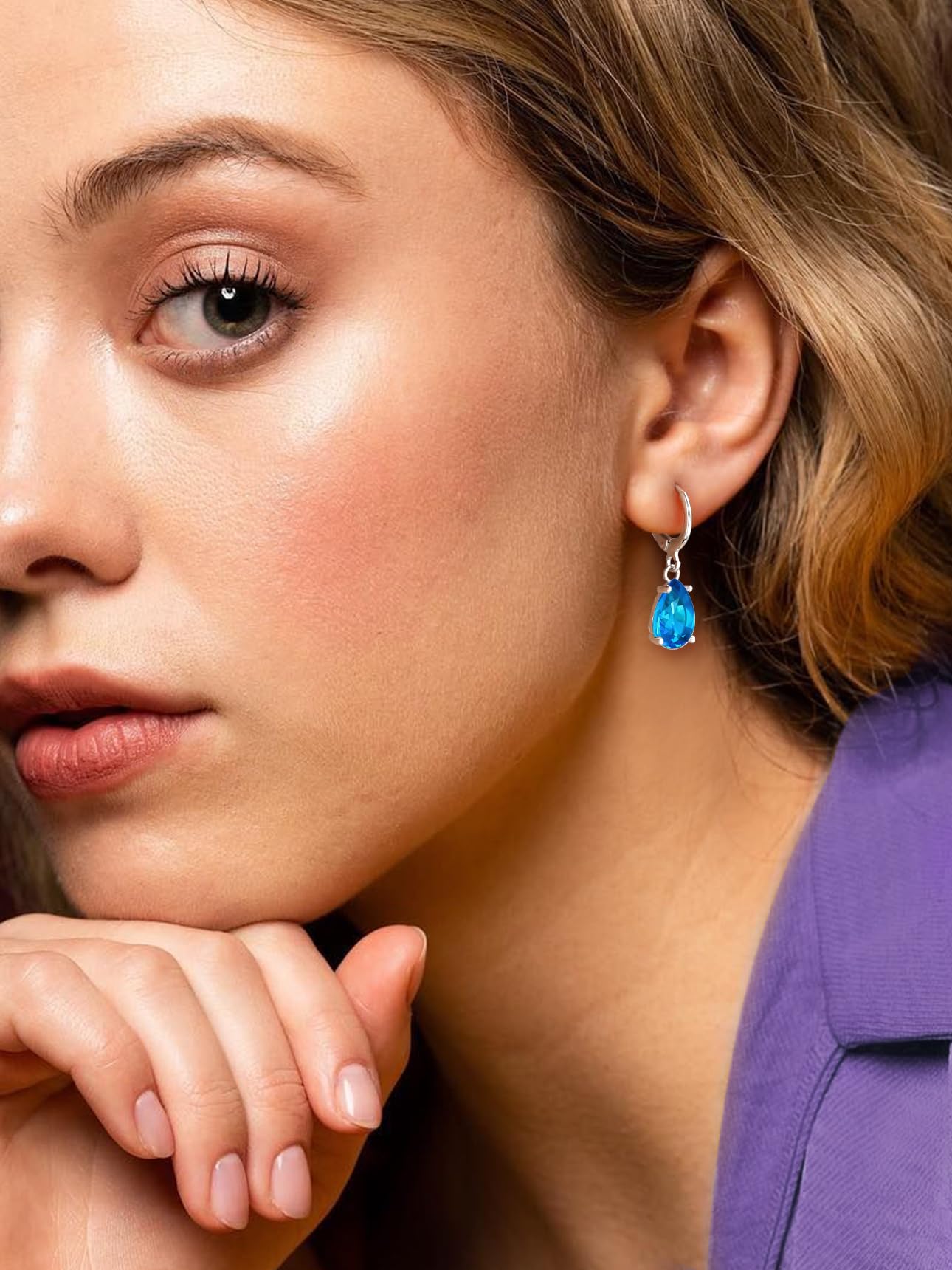 Bestyle Created Blue Topaz Drop Birthstone Earrings for Women -Small Silver Teardrop Dangle Earrings for Women - Dainty Cute Earrings Gift for Birthday Mother's Day Wedding Party