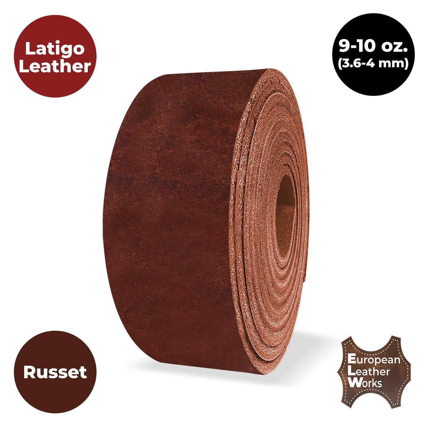 ELW 9-10 oz (3.6-4mm) Latigo Leather Belt Grade Straps & Strips | Size: 1.25"x84" (3.2x213cm) | Russet | Full Grain Cowhide, Heavy Duty Holsters, Sheathes, Harness, Saddle, Guitar Straps, DIY Crafts