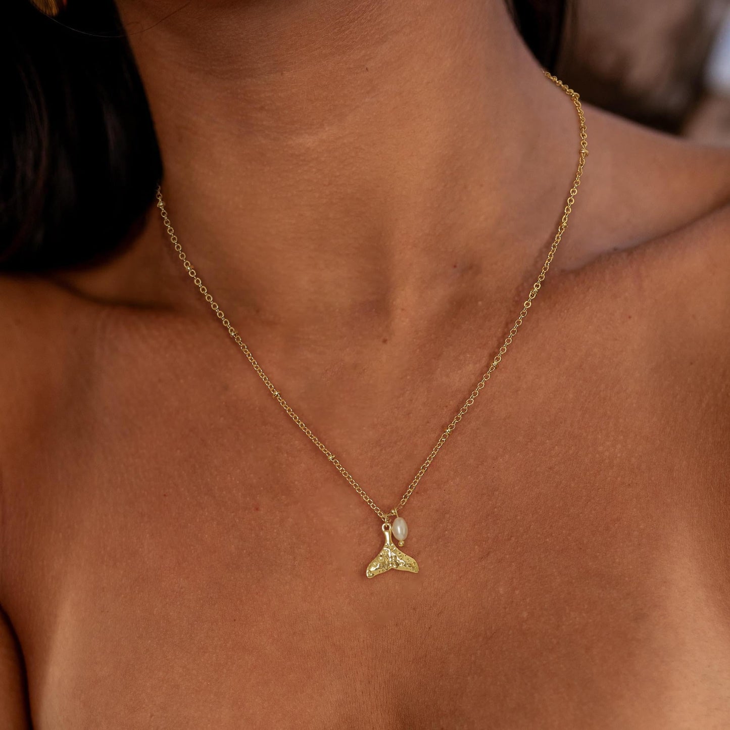 Dainty Gold Necklace for Women,14K Gold Plated Pearl Necklace Trendy Simple Whale Tail Necklaces Cute Fashion Summer Beach Pearl Jewelry for Women