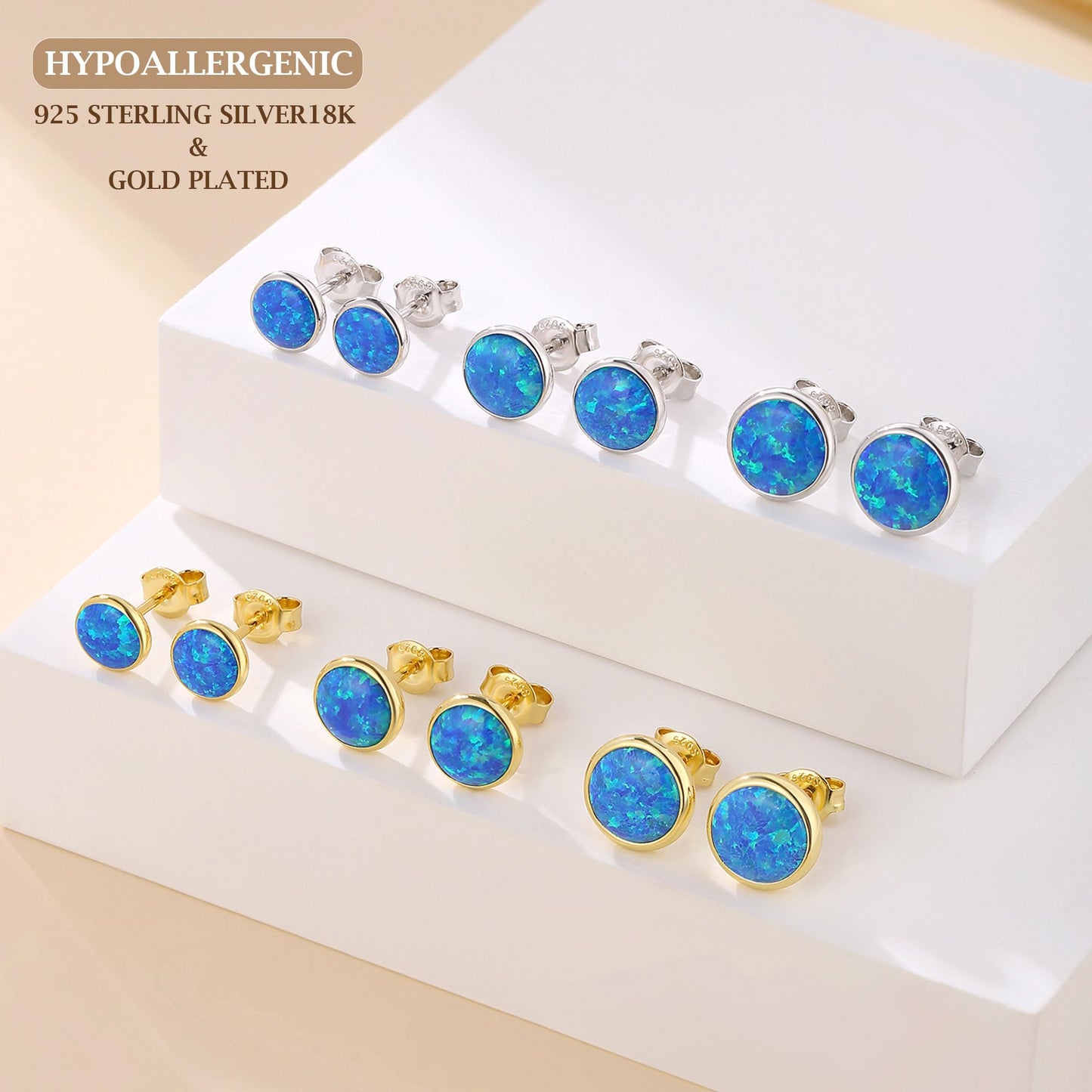 JiayangJY Silver Blue Fire Opal Stud Earrings for Women 18K Yellow Gold Plated Sterling Silver Round Shape 6mm Opal Earrings with Push Back