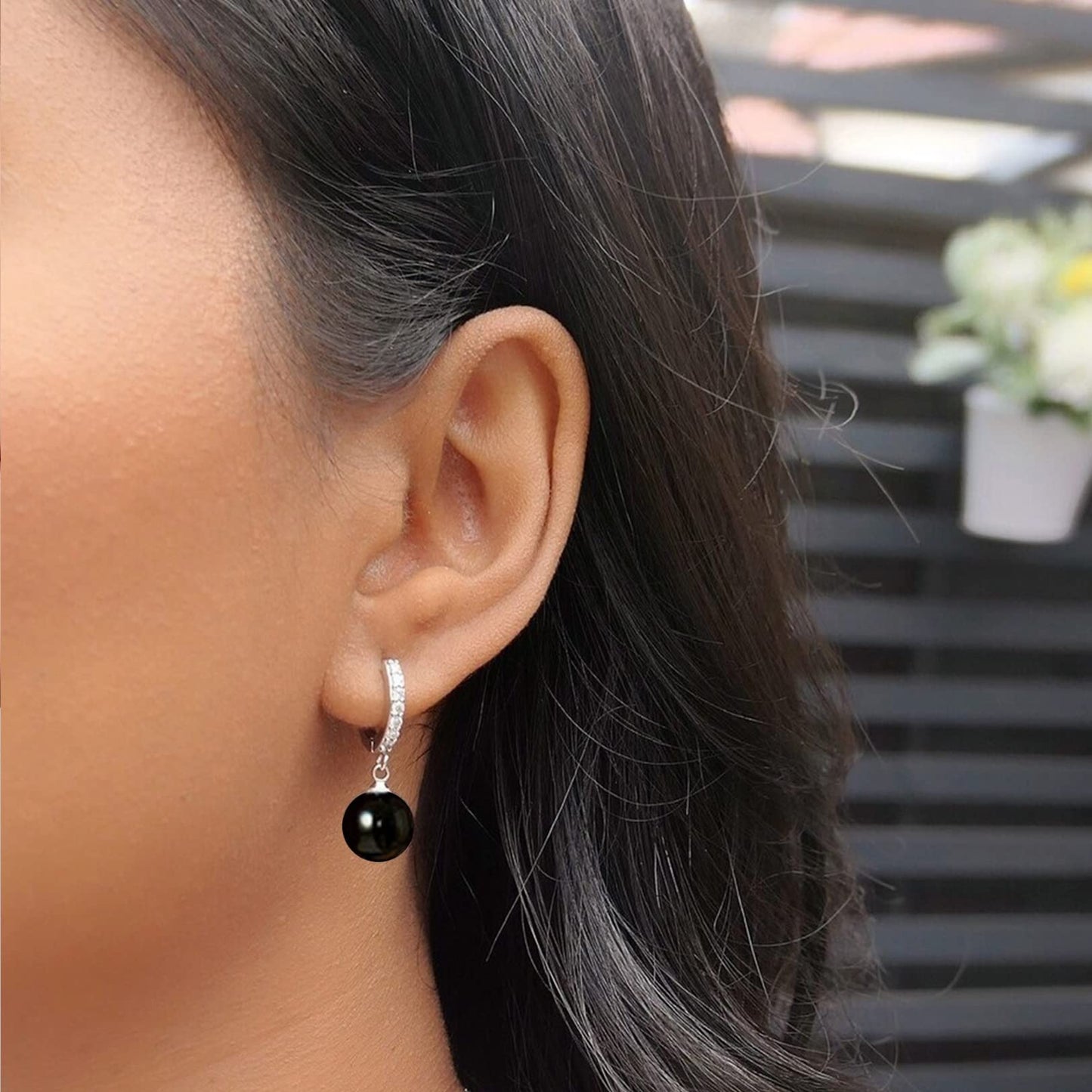 CERSLIMO Black Pearl Drop Earrings for Women | S925 Sterling Silver Post Simulated Shell Pearl Hoop Dangle Earrings, Hypoallergenic Cubic Zirconia Huggies Earrings Jewelry